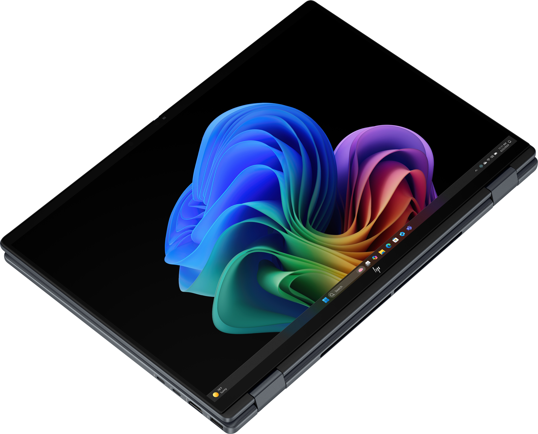 Laptop, offen, Bildschirm zeigt ein abstraktes Design, auf dunklem Hintergrund.