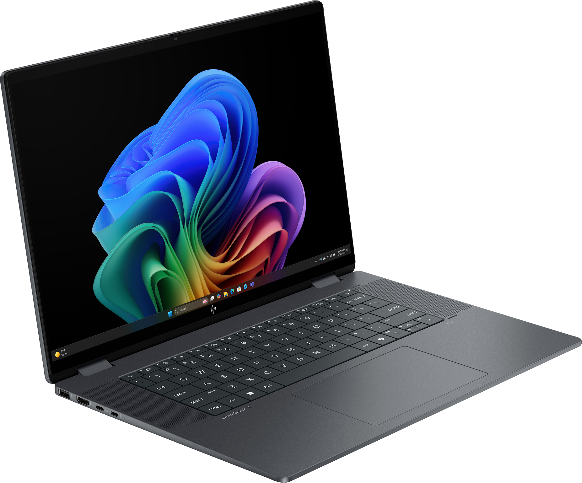 Ein dunkelgrauer Laptop mit farbenfrohem Bildschirm und Tastatur.