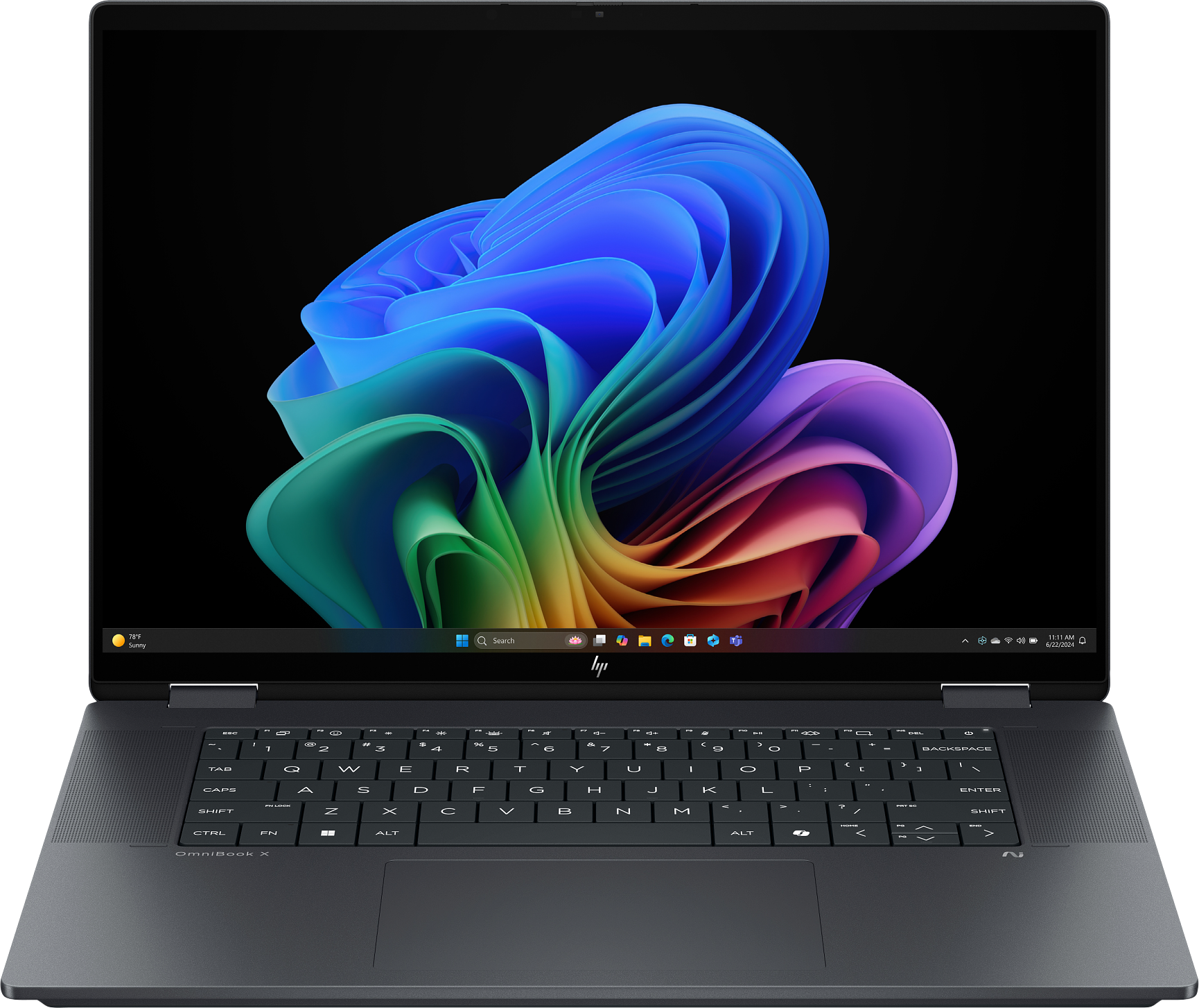 Ein schwarzer Laptop, der auf schwarzem Hintergrund geöffnet ist, mit bunter Anzeige.