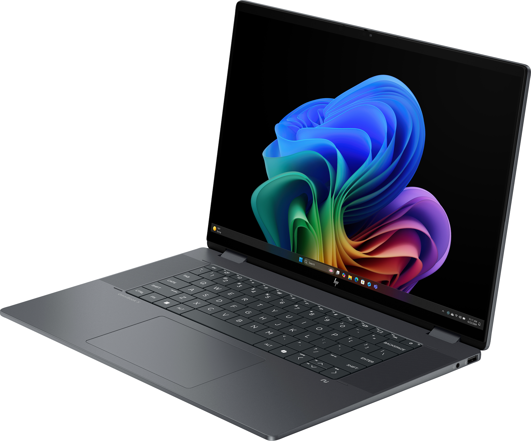 Laptop, geöffnet in einem Winkel. Der Bildschirm zeigt einen bunten, abstrakten Wirbel. Die Tastatur ist sichtbar, der Laptop liegt auf Schwarz.
