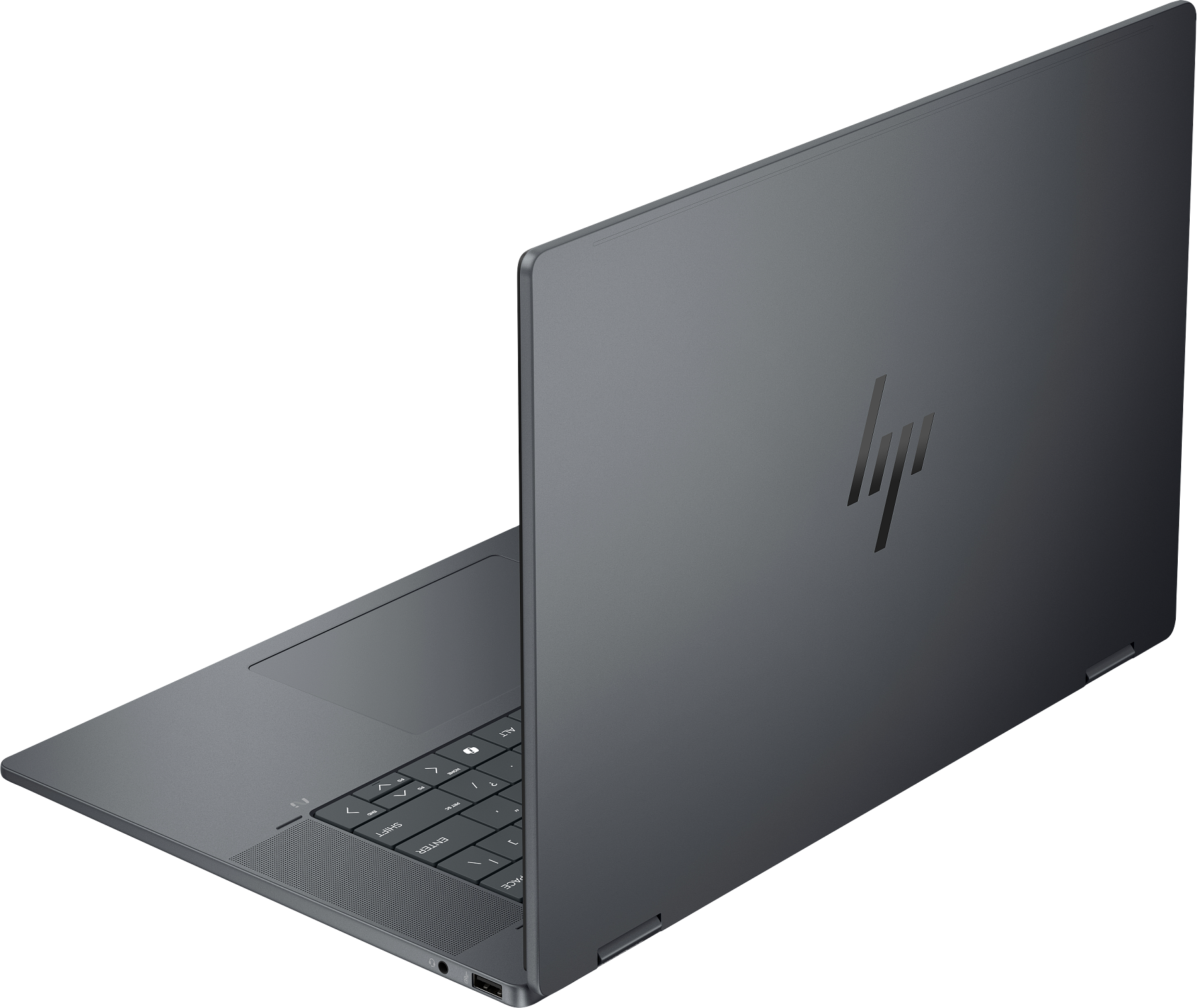 Dunkelgraues HP-Laptop, in einem Winkel geöffnet, mit dem HP-Logo auf dem Deckel.