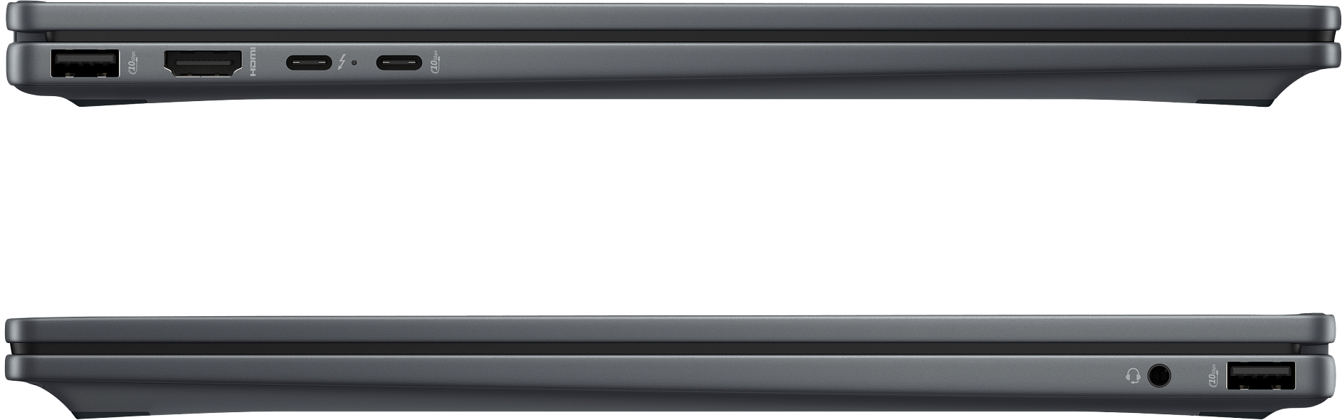 Laptop-Profilansicht. Graues Gehäuse mit Anschlüssen. Zwei Laptops, Ansichten von oben und unten.