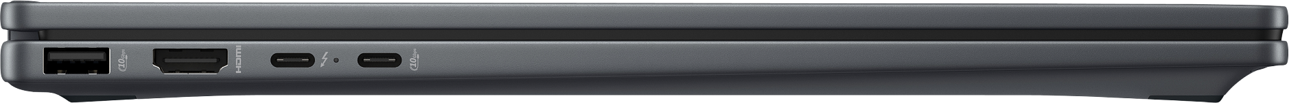 Seitenansicht eines dunkelgrauen Laptops mit mehreren Anschlüssen.