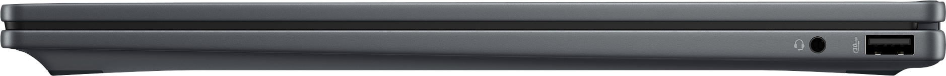 Das Seitenprofil eines dunkelgrauen Laptops mit Anschlüssen.
