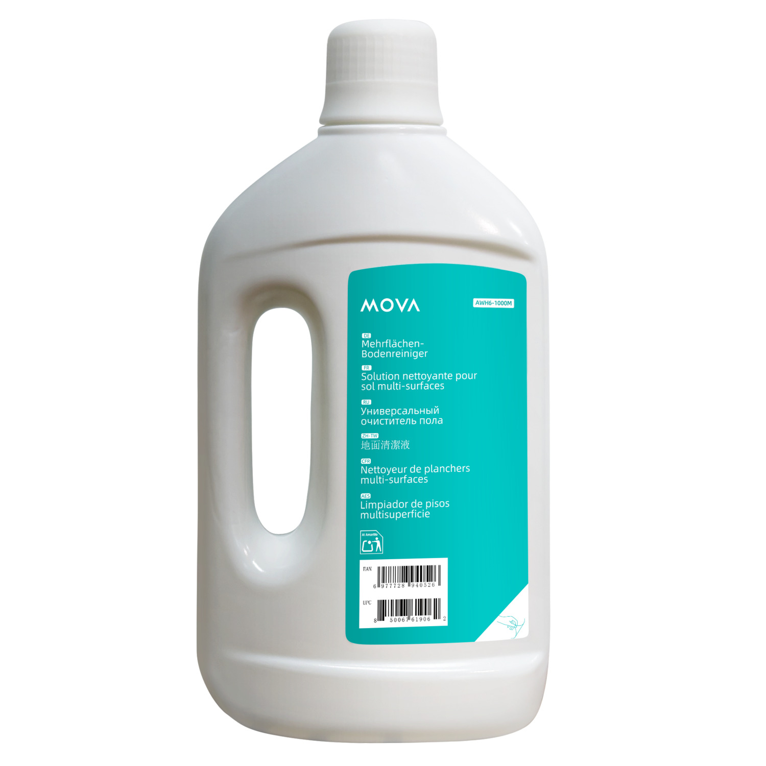 Bouteille de solution de nettoyage MOVA blanche avec une étiquette turquoise. Texte multilingue.