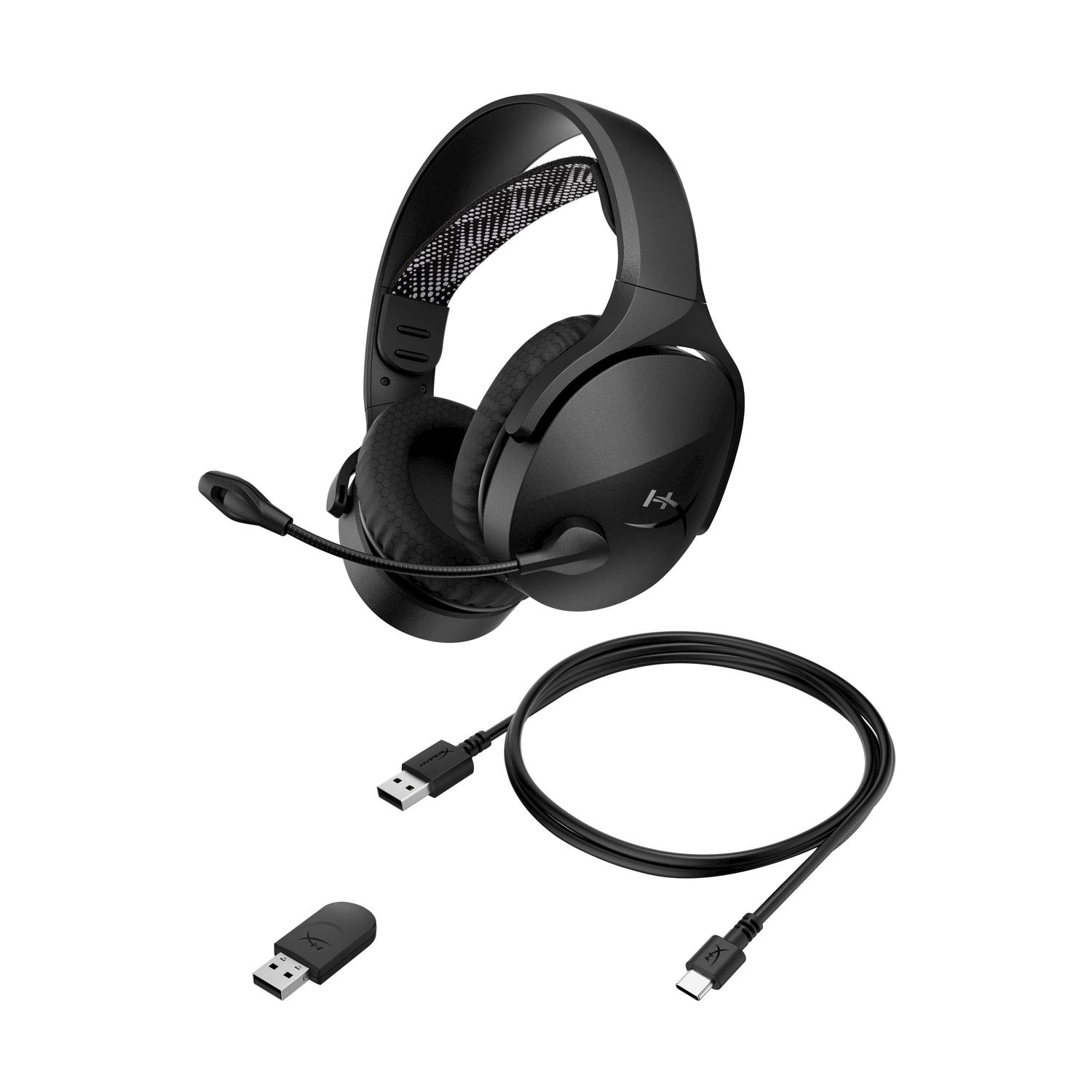 Cuffie da gioco nere, cavo USB e un dongle USB.