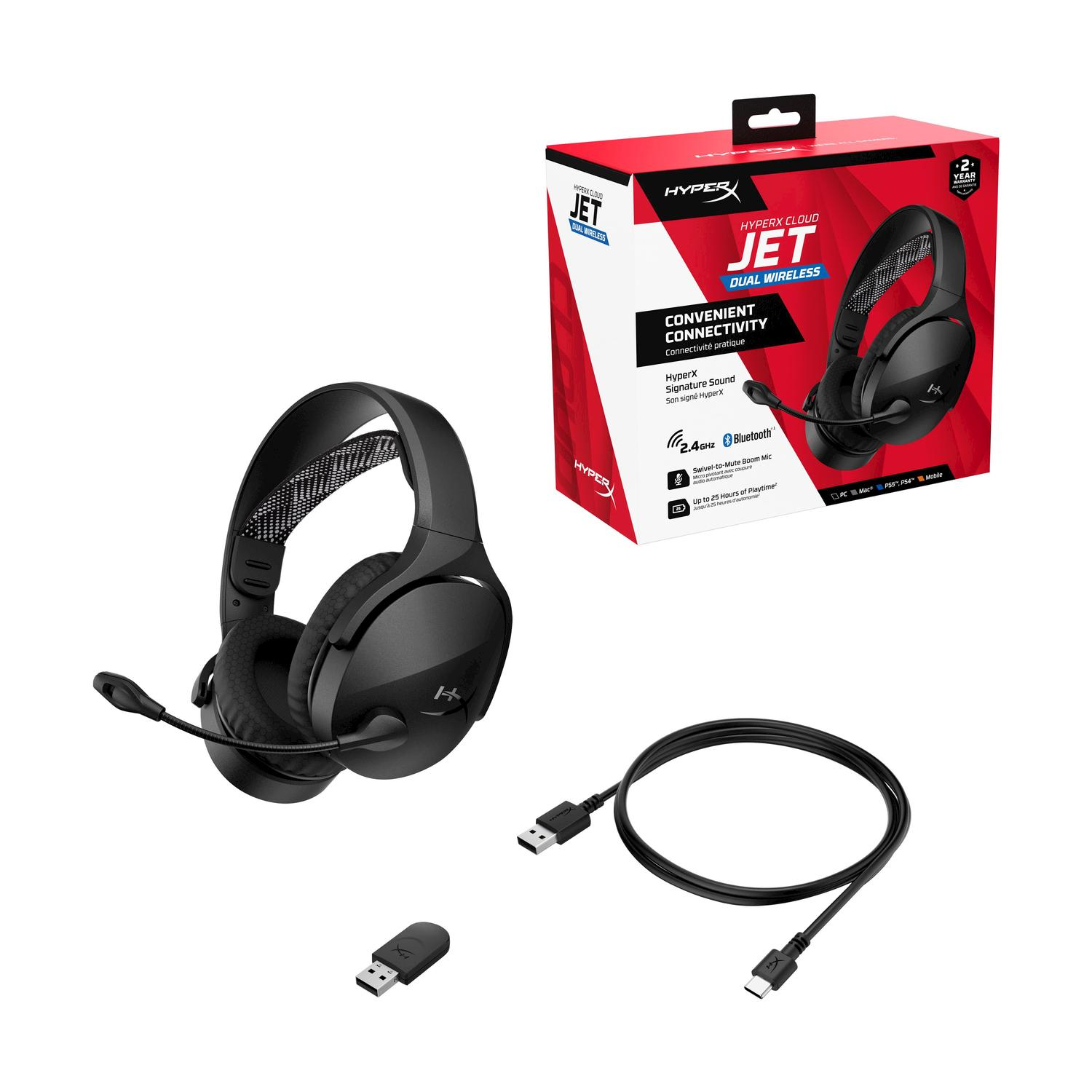 Cuffie nere con microfono, cavo USB e ricevitore USB.