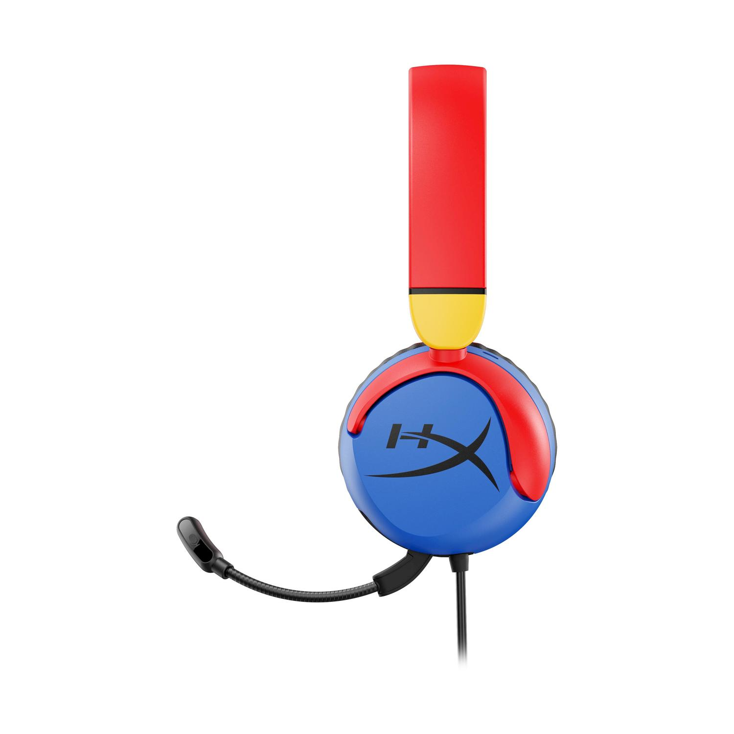Cuffie da gioco colorate. Padiglioni blu con archetto rosso e dettagli gialli. Un microfono è collegato.