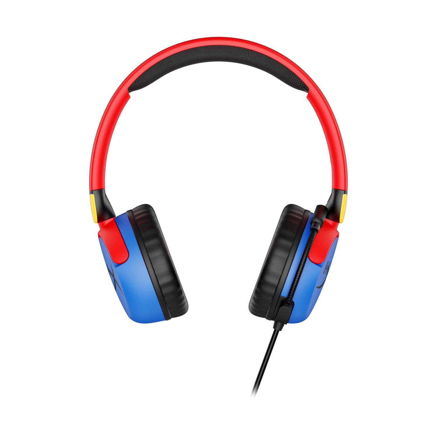 Cuffie rosse e blu con un microfono nero.