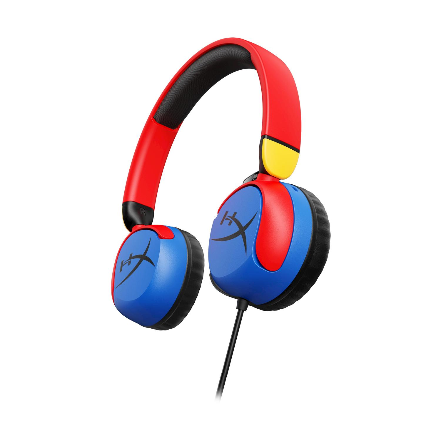 Cuffie rosse, blu e gialle, cavo nero. Logo HyperX.