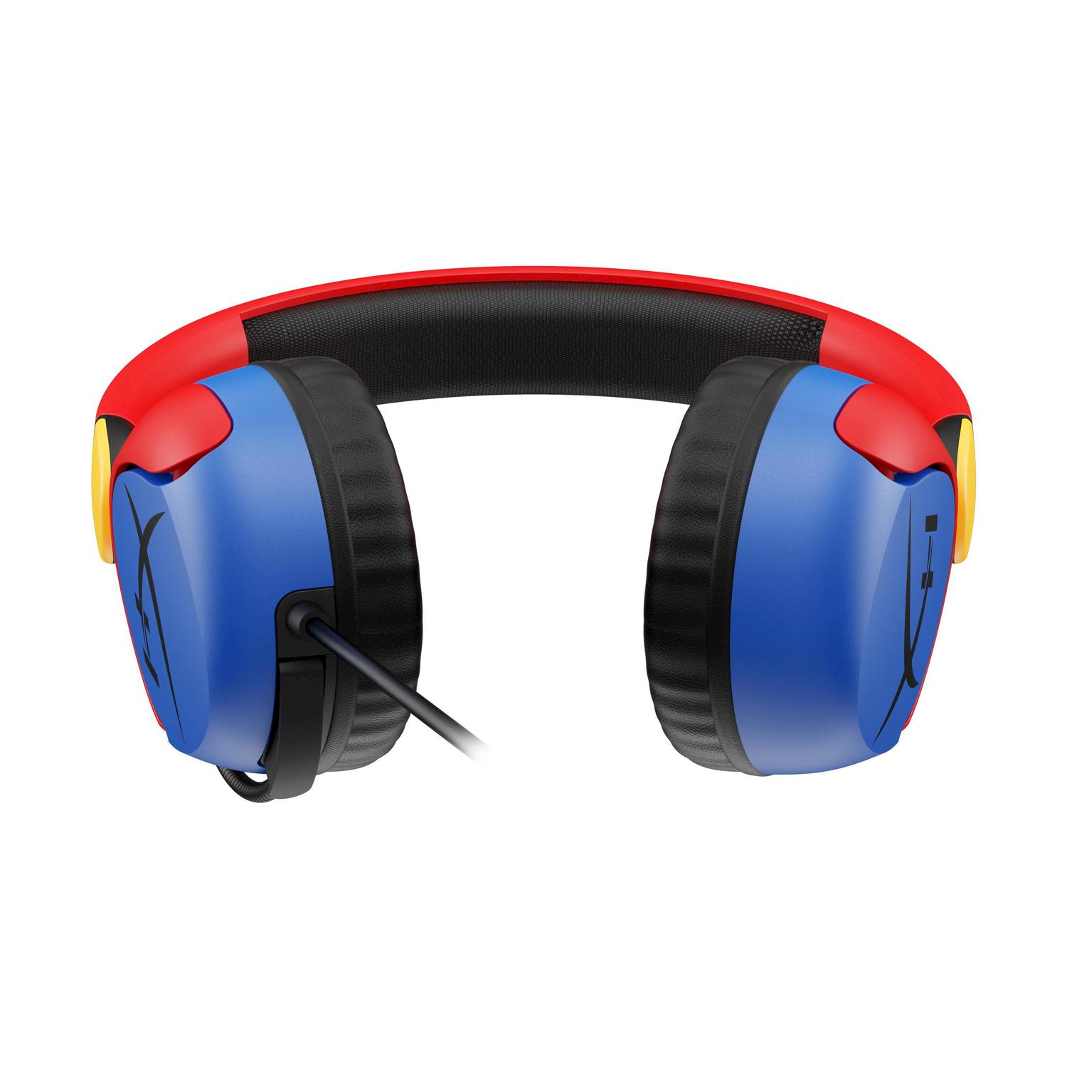 Cuffie da gioco rosse e blu con cavo nero, viste frontalmente. I padiglioni hanno dettagli blu e gialli.
