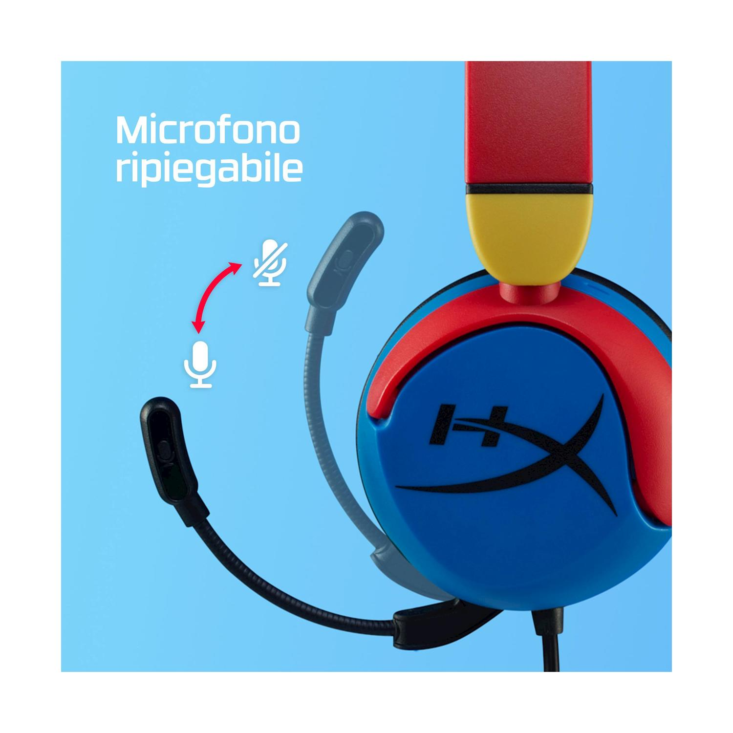 Cuffie da gioco blu e rosse con microfono nero.