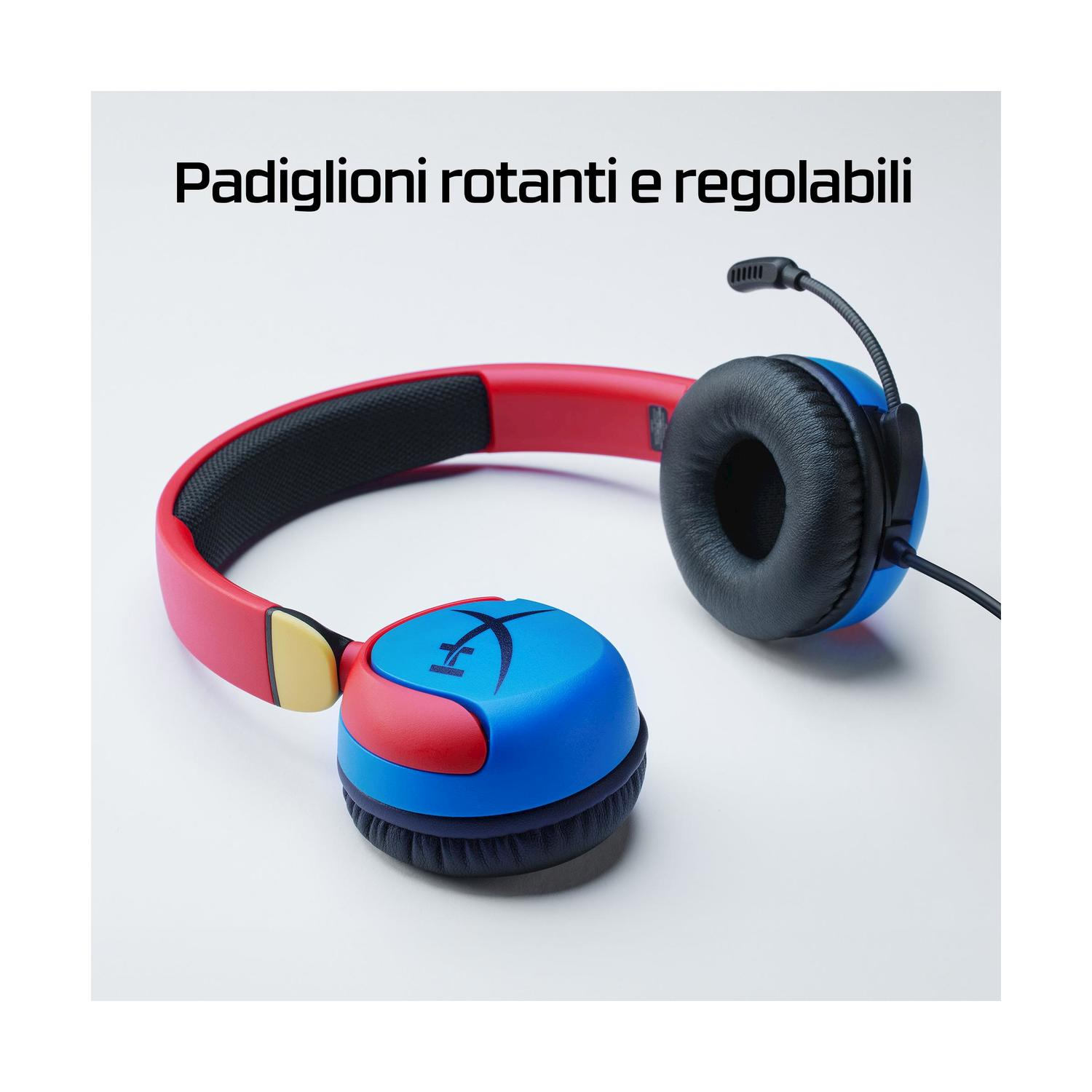 Cuffie da gioco rosse e blu con microfono. Il testo dice 'Padiglioni rotanti e regolabili'.