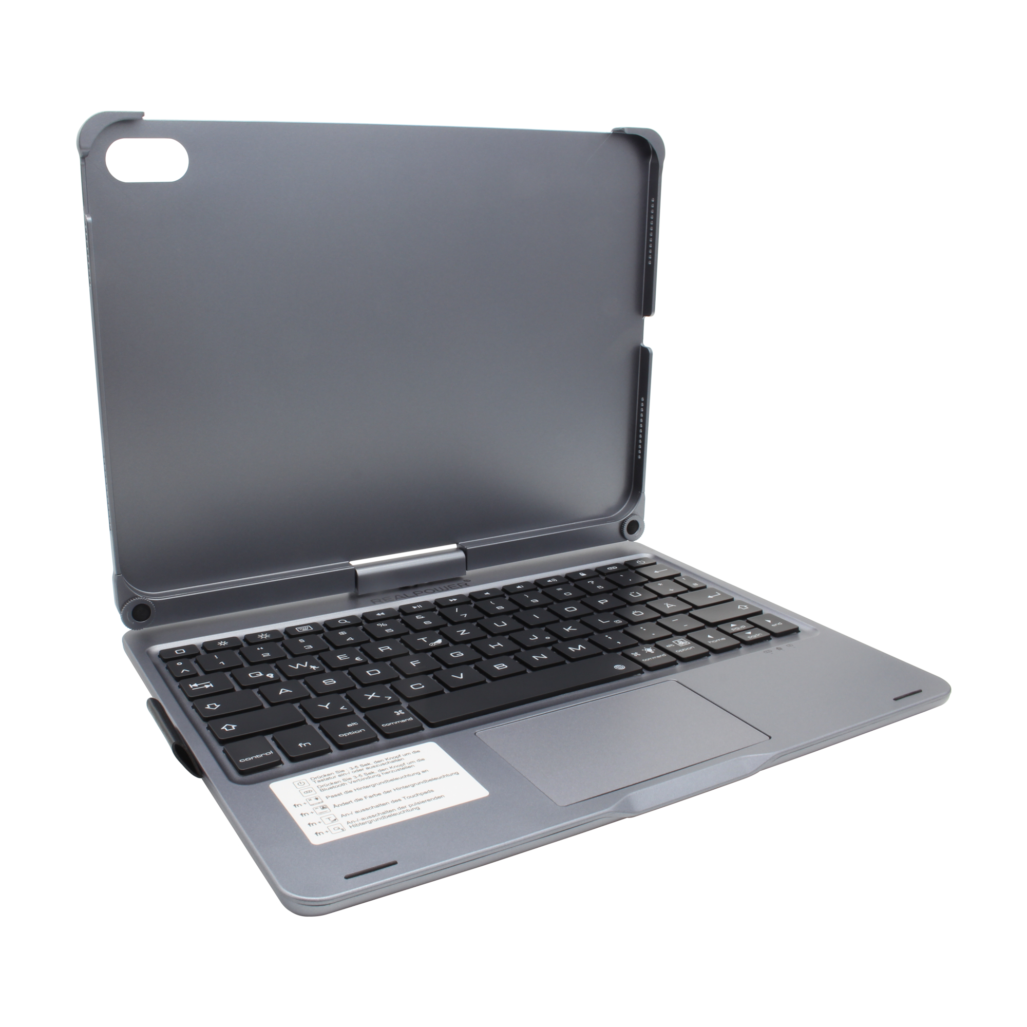 Eine graue Tablet-Tastaturhülle, geöffnet, mit einer schwarzen Tastatur und einem Trackpad.