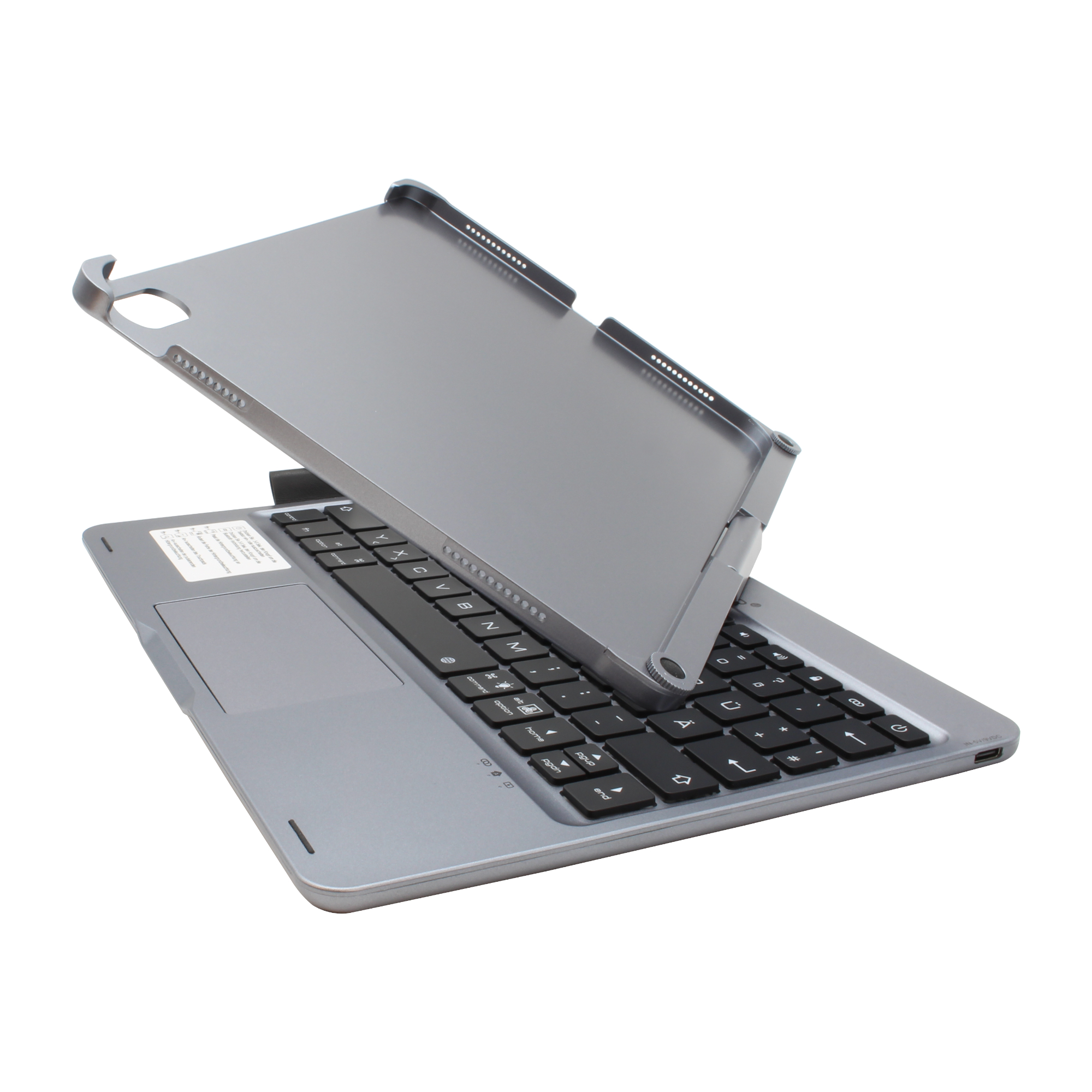 Eine silberne Tablet-Tastaturhülle ist geöffnet und zeigt die Tastatur und den Bildschirm.