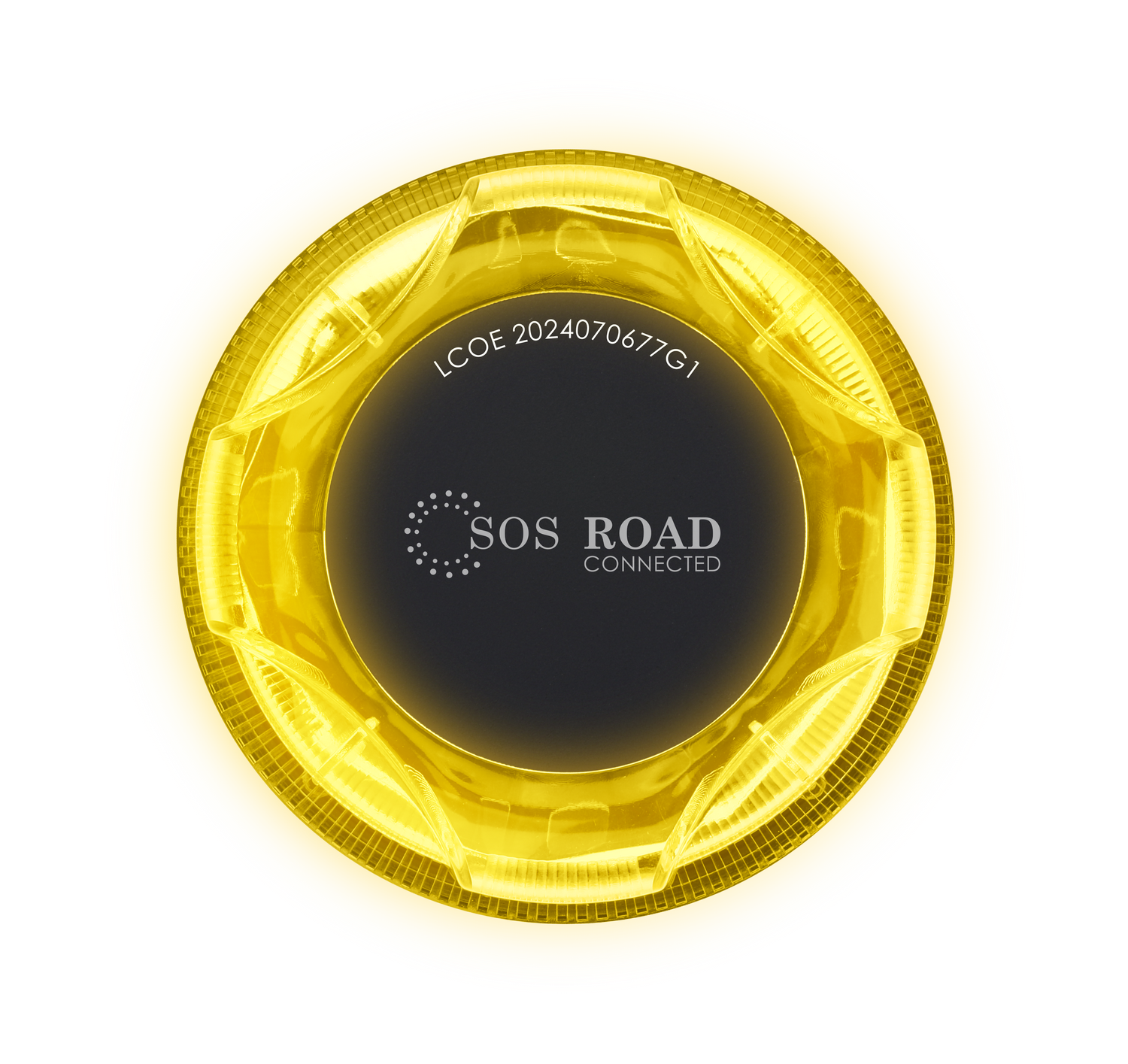 Dispositivo circular amarillo, con partes internas transparentes, centro negro y texto 'SOS ROAD CONNECTED'. El fondo es gris.