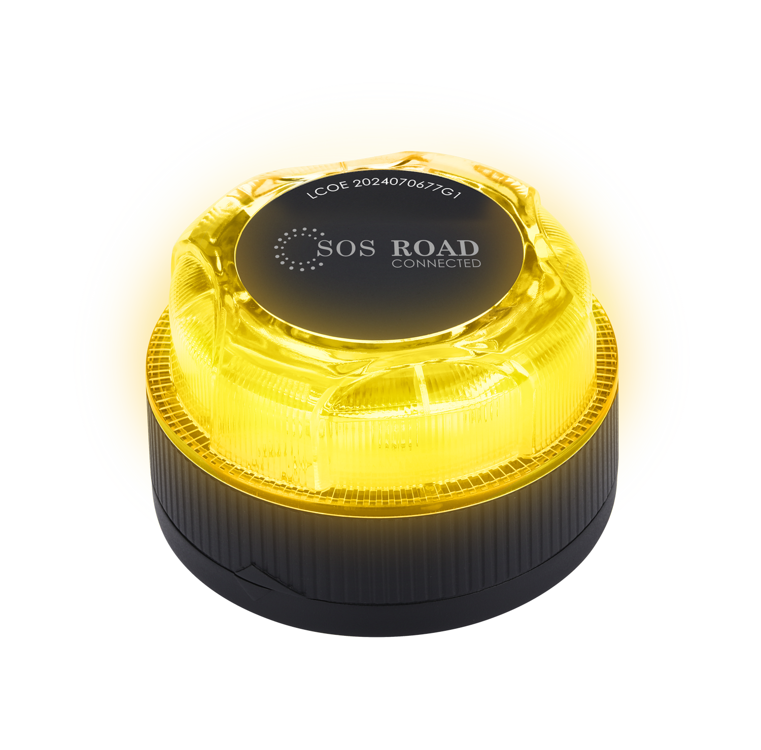 Luz de emergencia amarilla con base negra. Texto SOS ROAD CONNECTED.