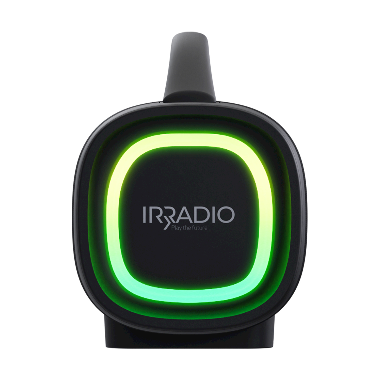 Altoparlante nero e verde con maniglia e la scritta 'IRRADIO'.