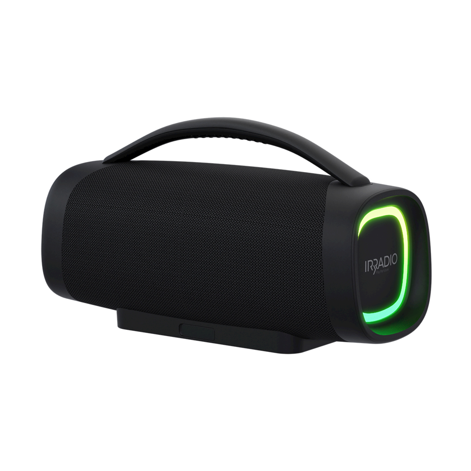 Altoparlante portatile Irradio nero con maniglia, verde-giallo luminoso.