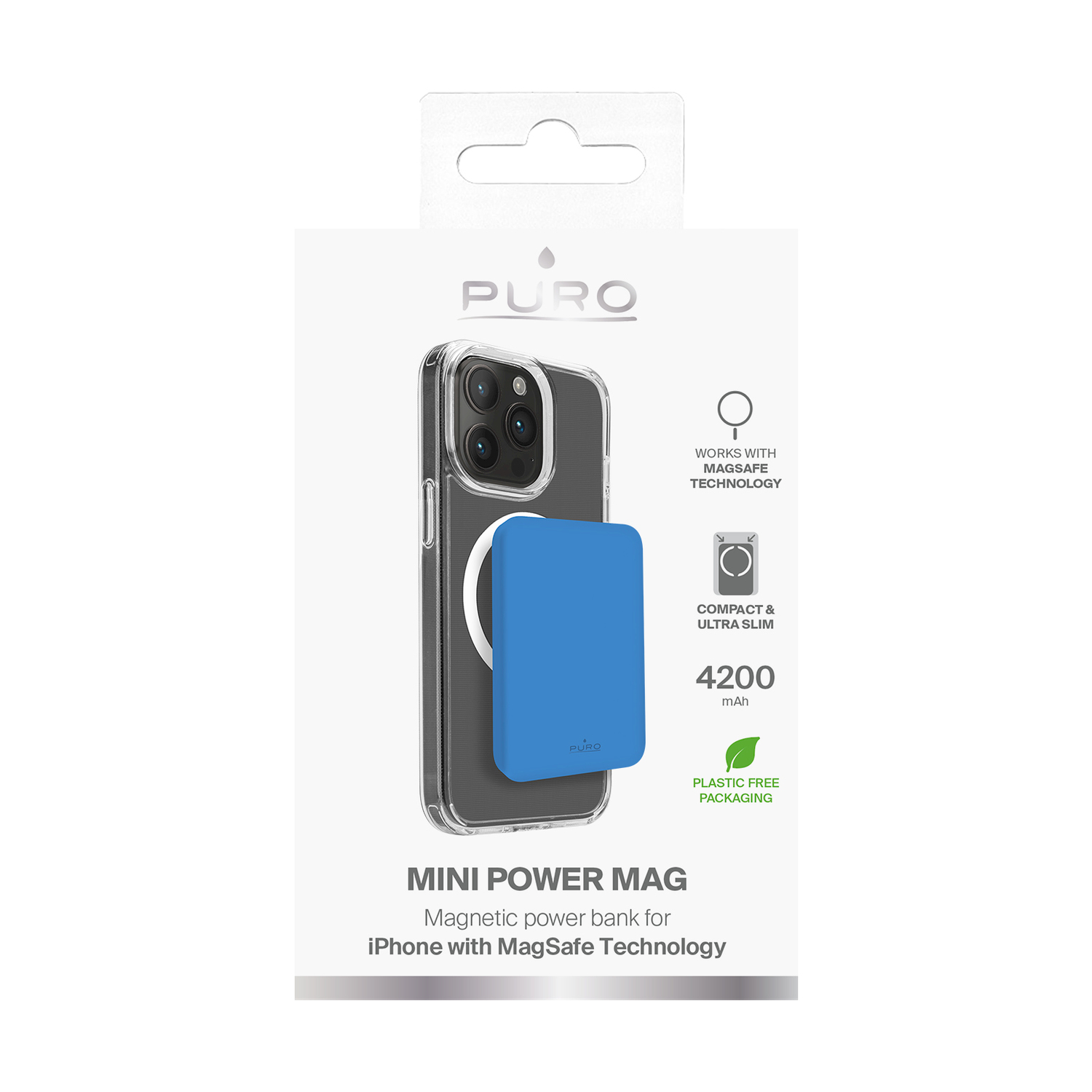 Confezione di una custodia per telefono con un power bank magnetico blu.
