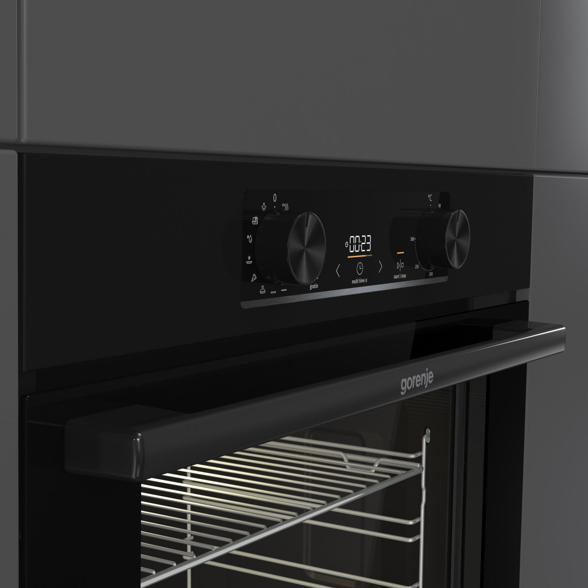 Schwarzes Backofen-Bedienfeld mit Knöpfen, Display und Griff. Das Gorenje-Logo ist sichtbar.