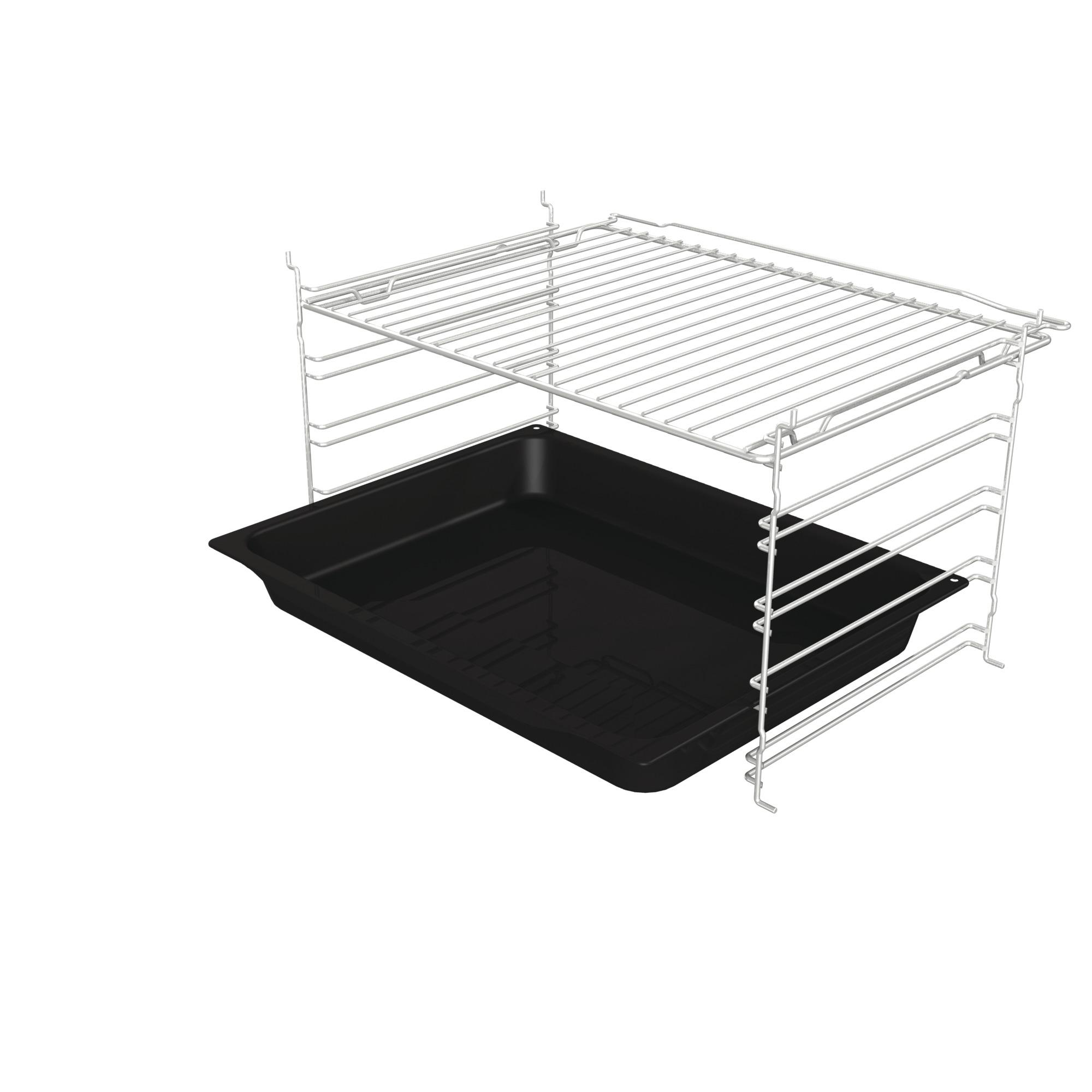 Ein Metallgestell mit Backblech und Backform. Das Gestell ist weiß.