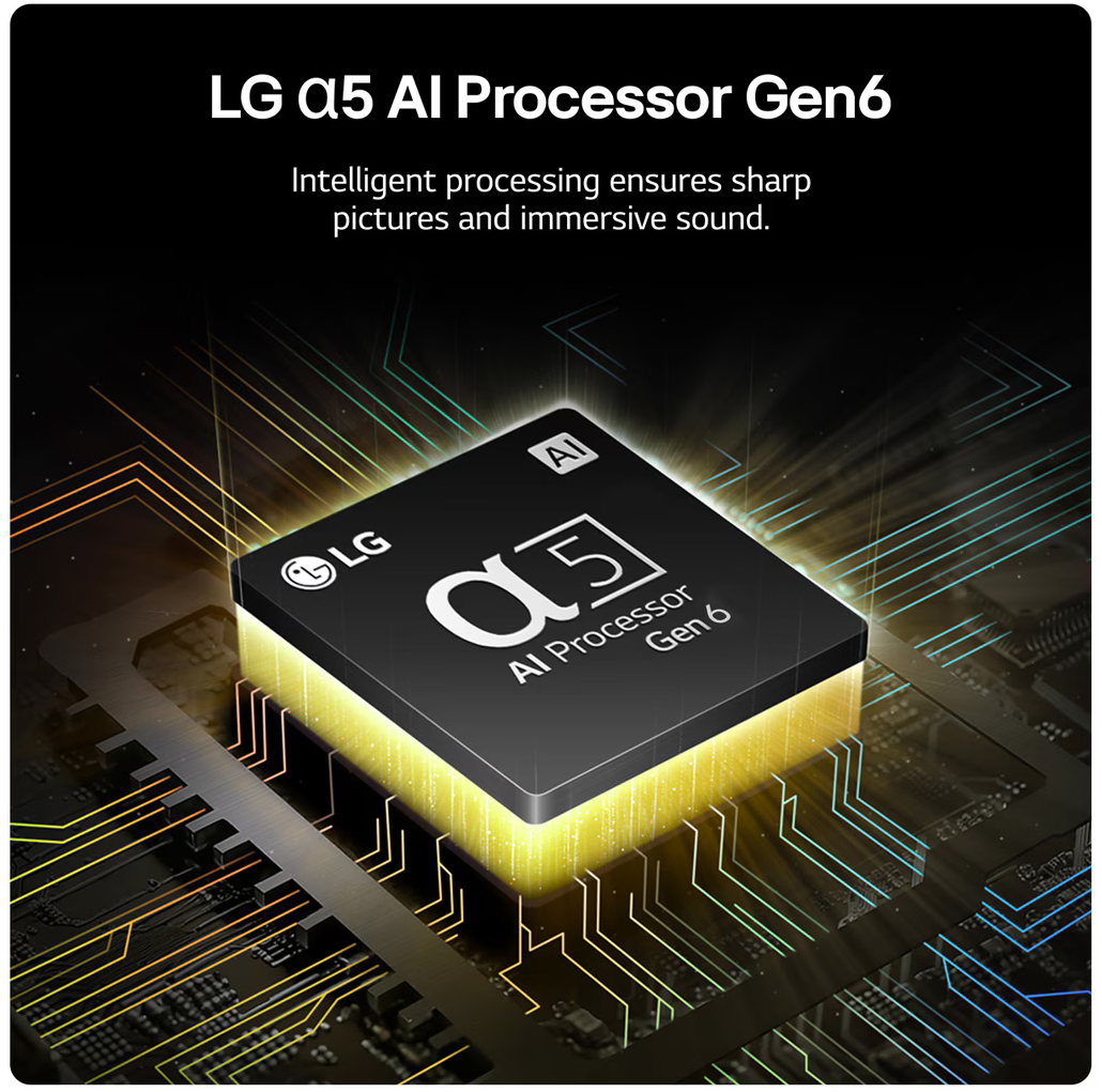 A képen az LG α5 AI Processor Gen6 látható. Egy sötétszürke chip fehér felirattal és LG logóval, áramköri vonalak veszik körül.