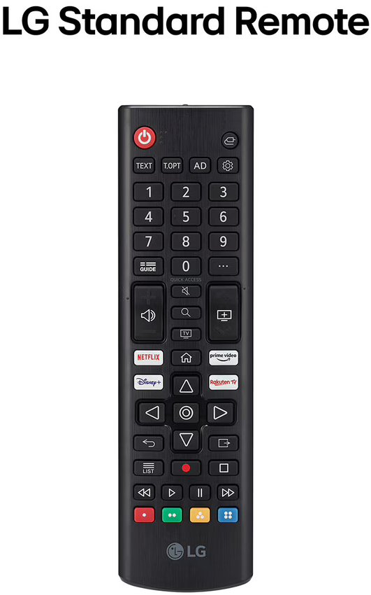 LG Standard távirányító. Fekete távirányító feliratos gombokkal és LG logóval.