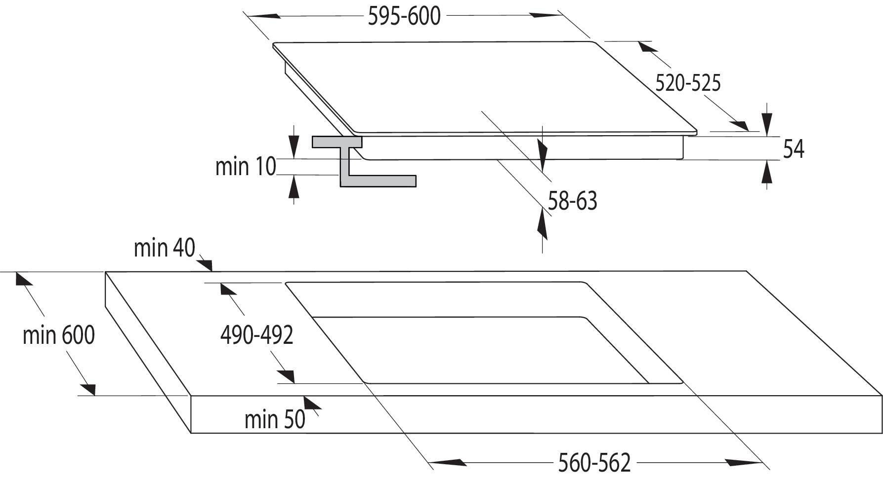 Diagramm eines Kochfelds mit Abmessungen in Millimetern.