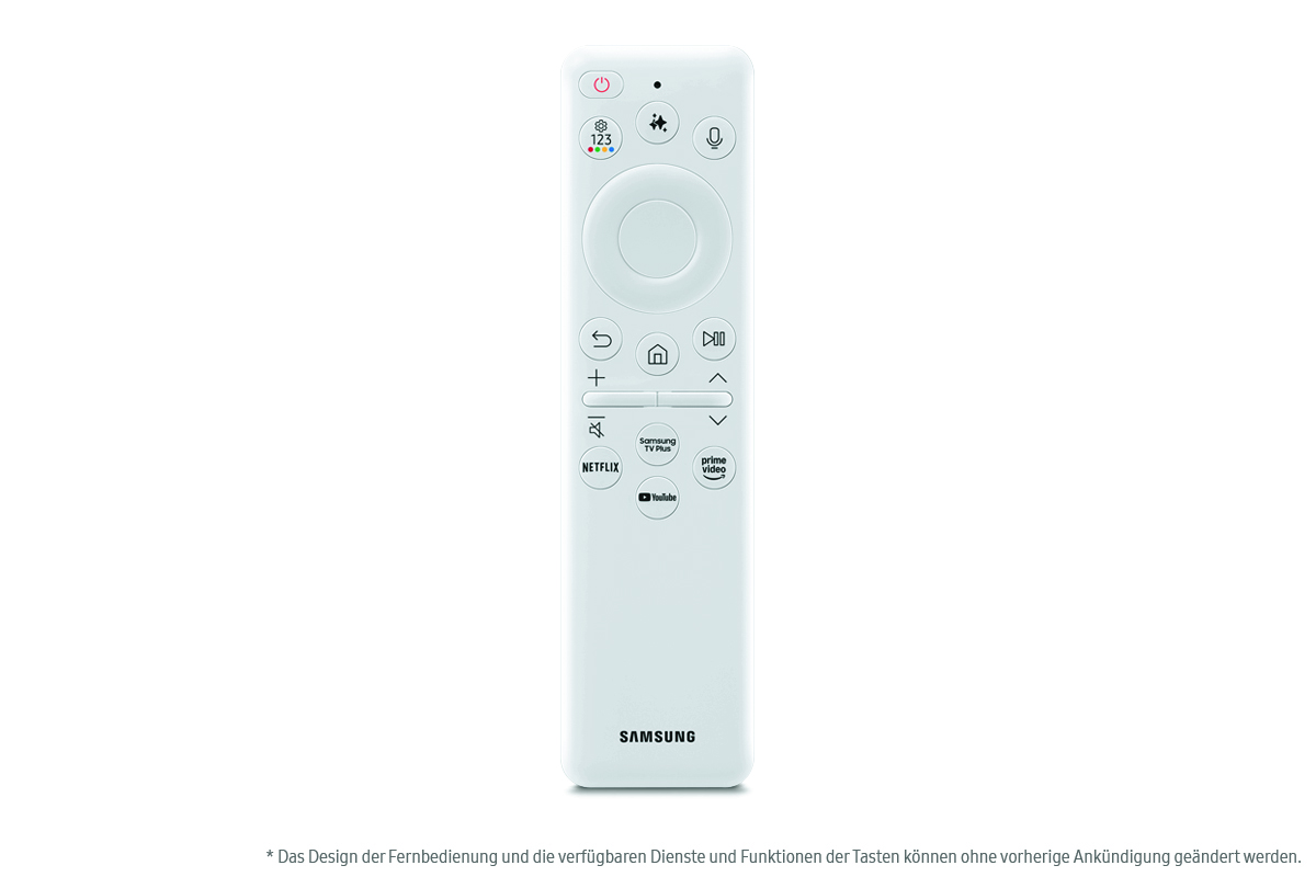 Weiße TV-Fernbedienung mit verschiedenen Tasten und Samsung-Logo.