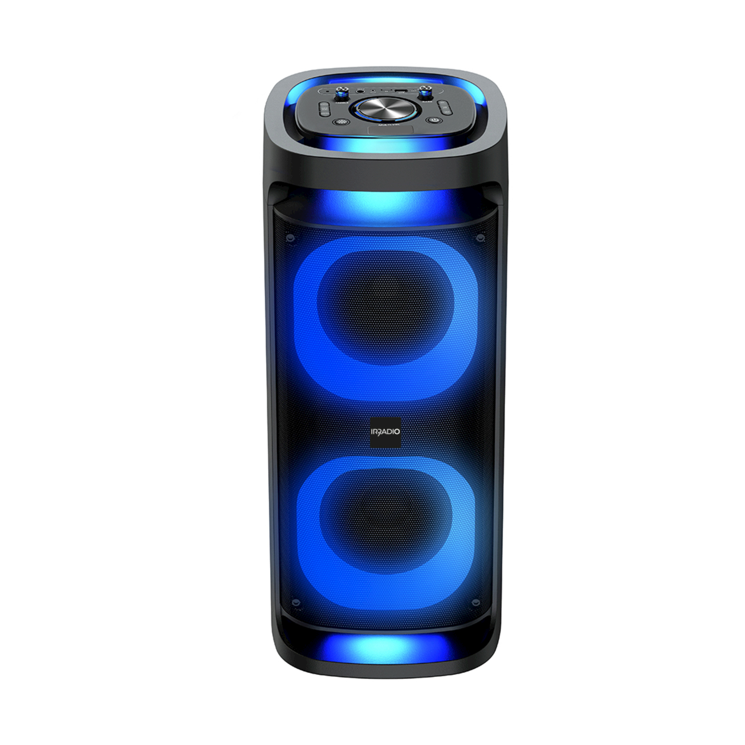 Altoparlante alto nero e blu con accenti di luce blu, isolato su bianco.
