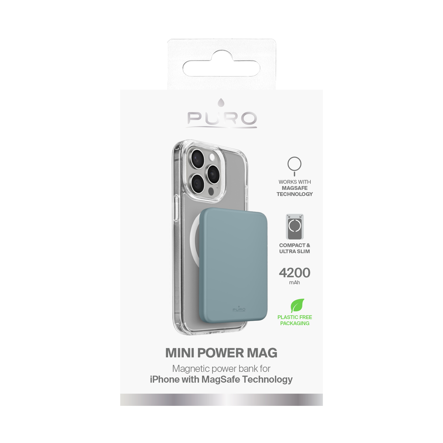 Una custodia per telefono con un power bank magnetico collegato. La confezione include informazioni.