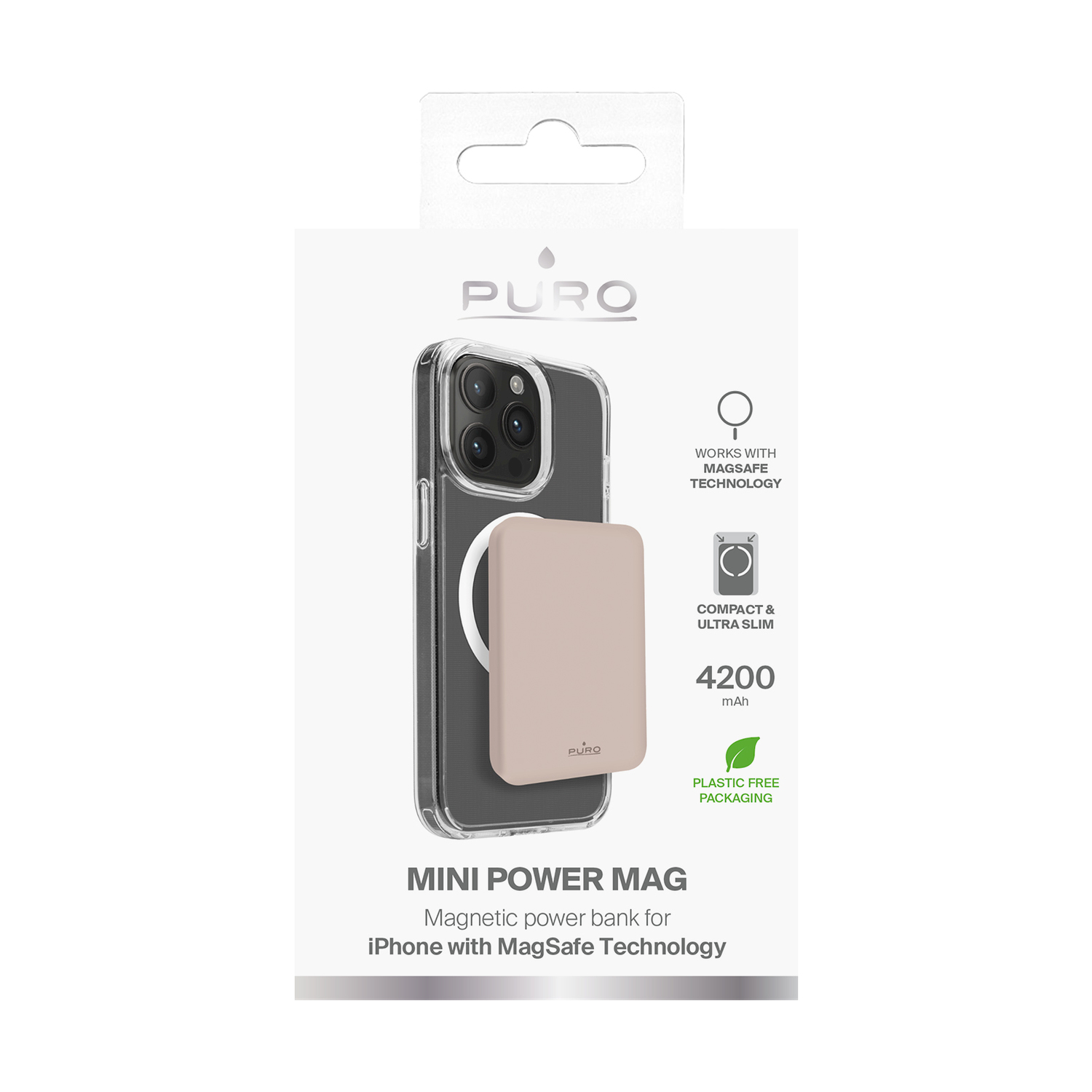 Confezione con telefono, power bank e testo: 'Mini Power Mag' per iPhone.