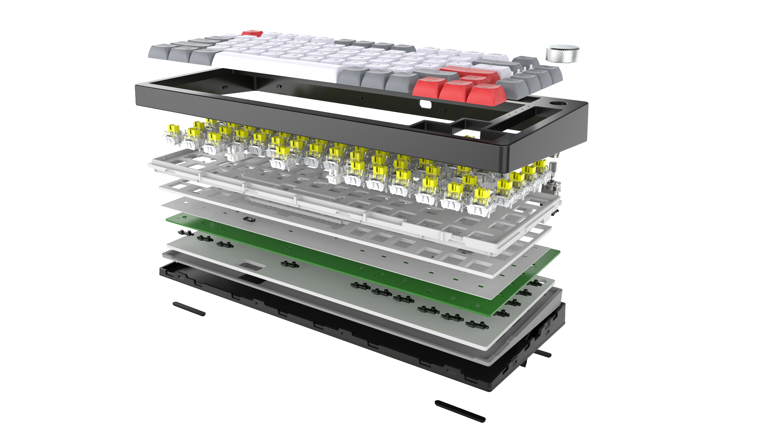 Explosionsansicht einer zerlegten mechanischen Tastatur, weißer Hintergrund.