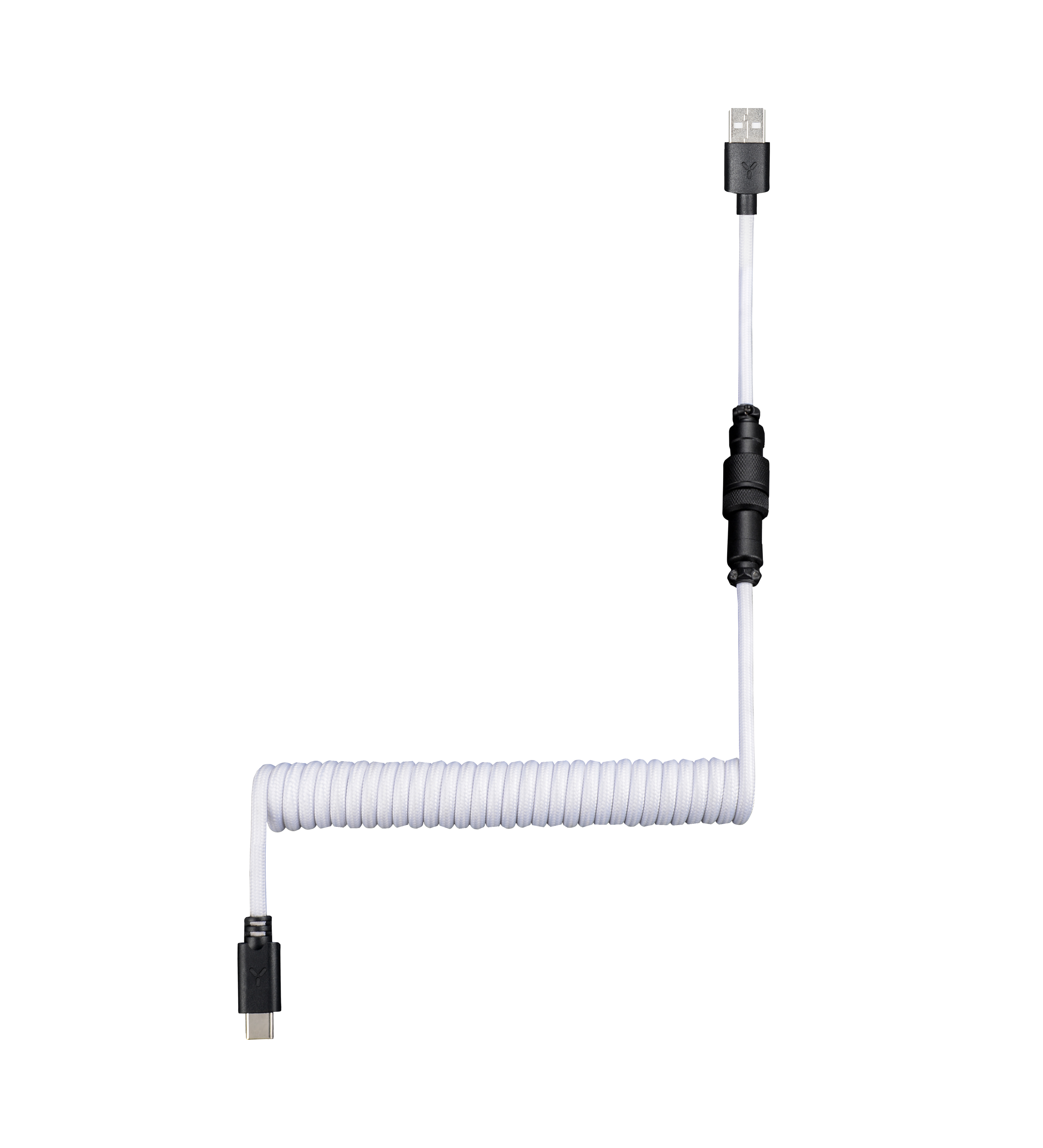 Weißes, gewendeltes USB-Kabel mit USB-A- und USB-C-Anschluss.