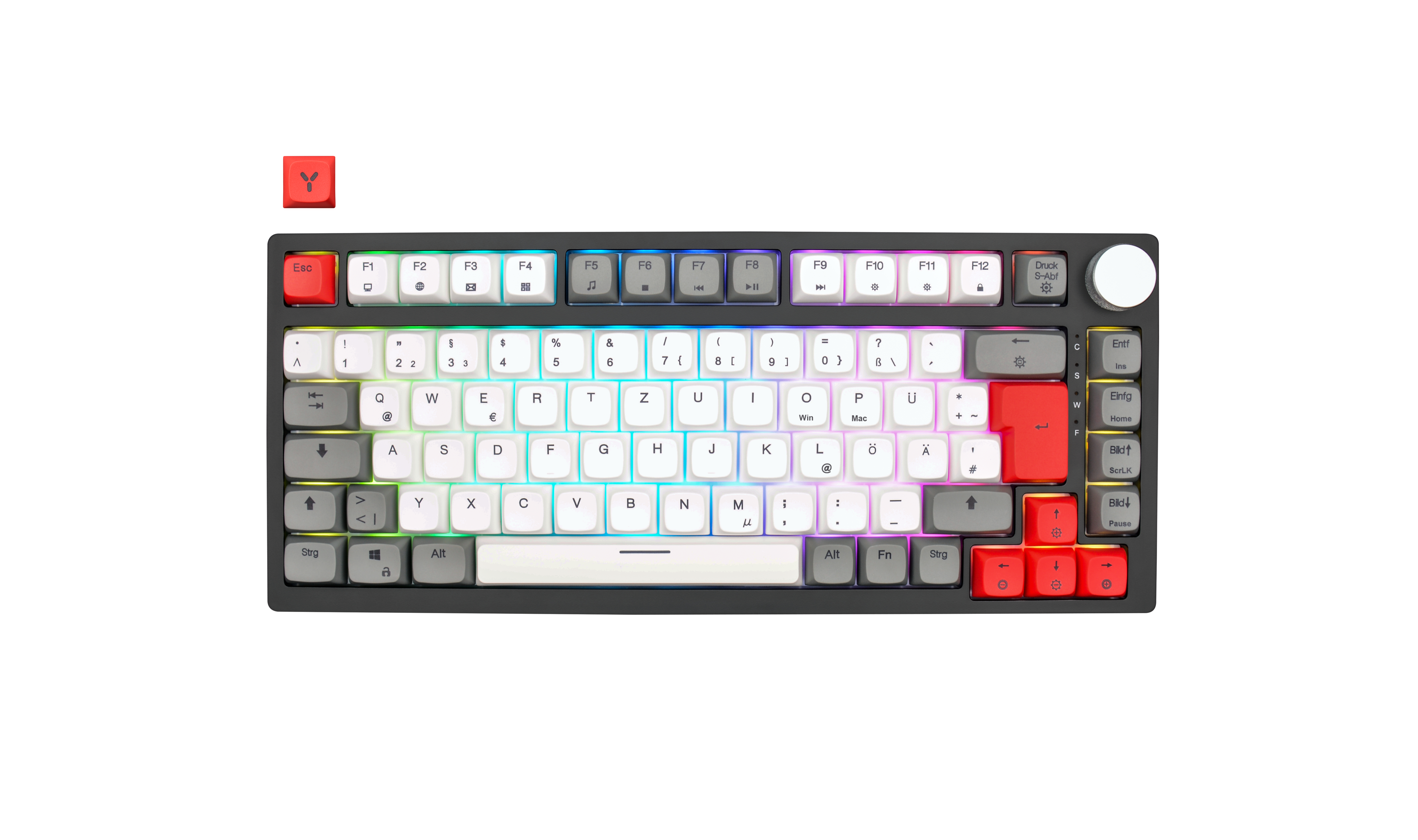 Eine schwarz-weiße Tastatur mit farbenfroh beleuchteten Tasten.