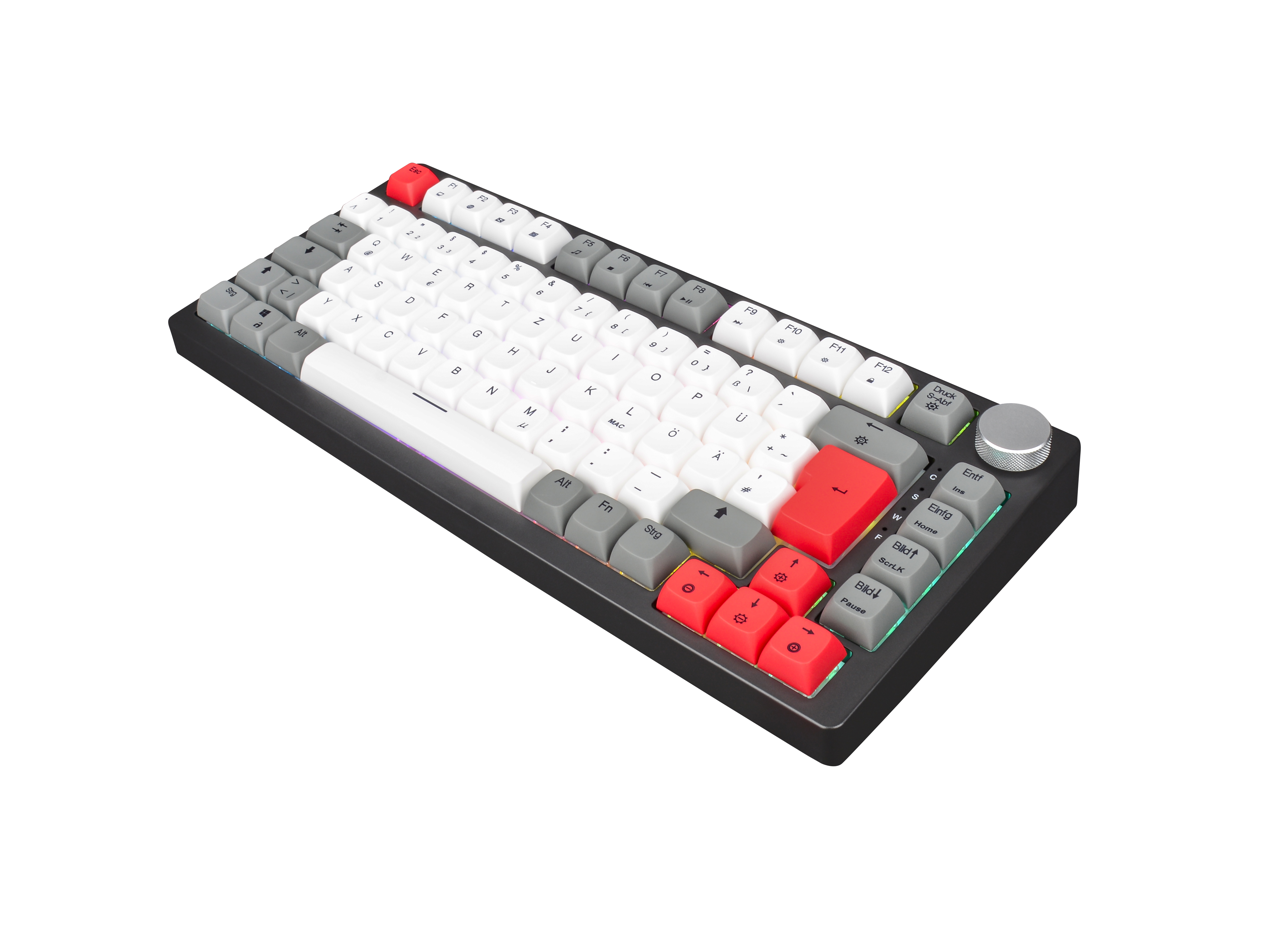 Schwarze Tastatur mit weißen, grauen und roten Tasten. Auf der rechten Seite befindet sich ein silberner Knopf. Weißer Hintergrund.