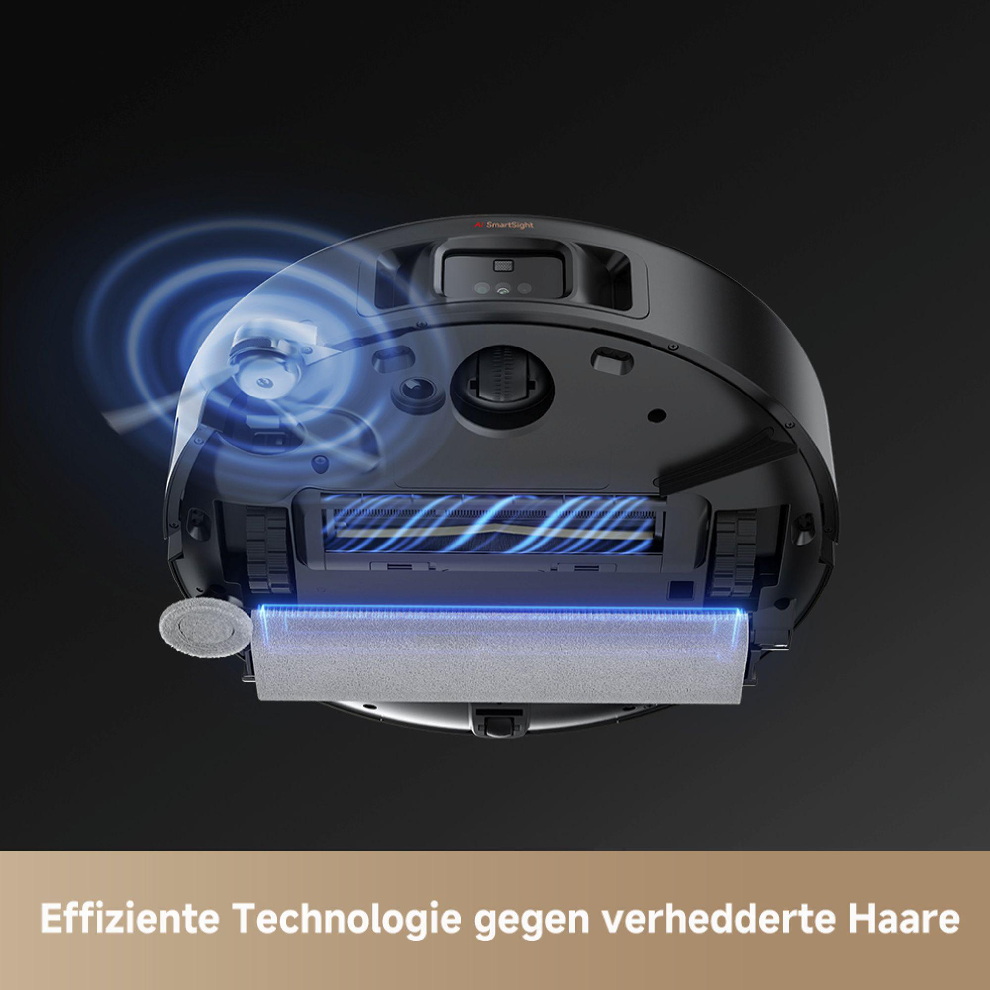 Roboter-Staubsauger von unten, mit Bürste und blauem Licht am Boden.