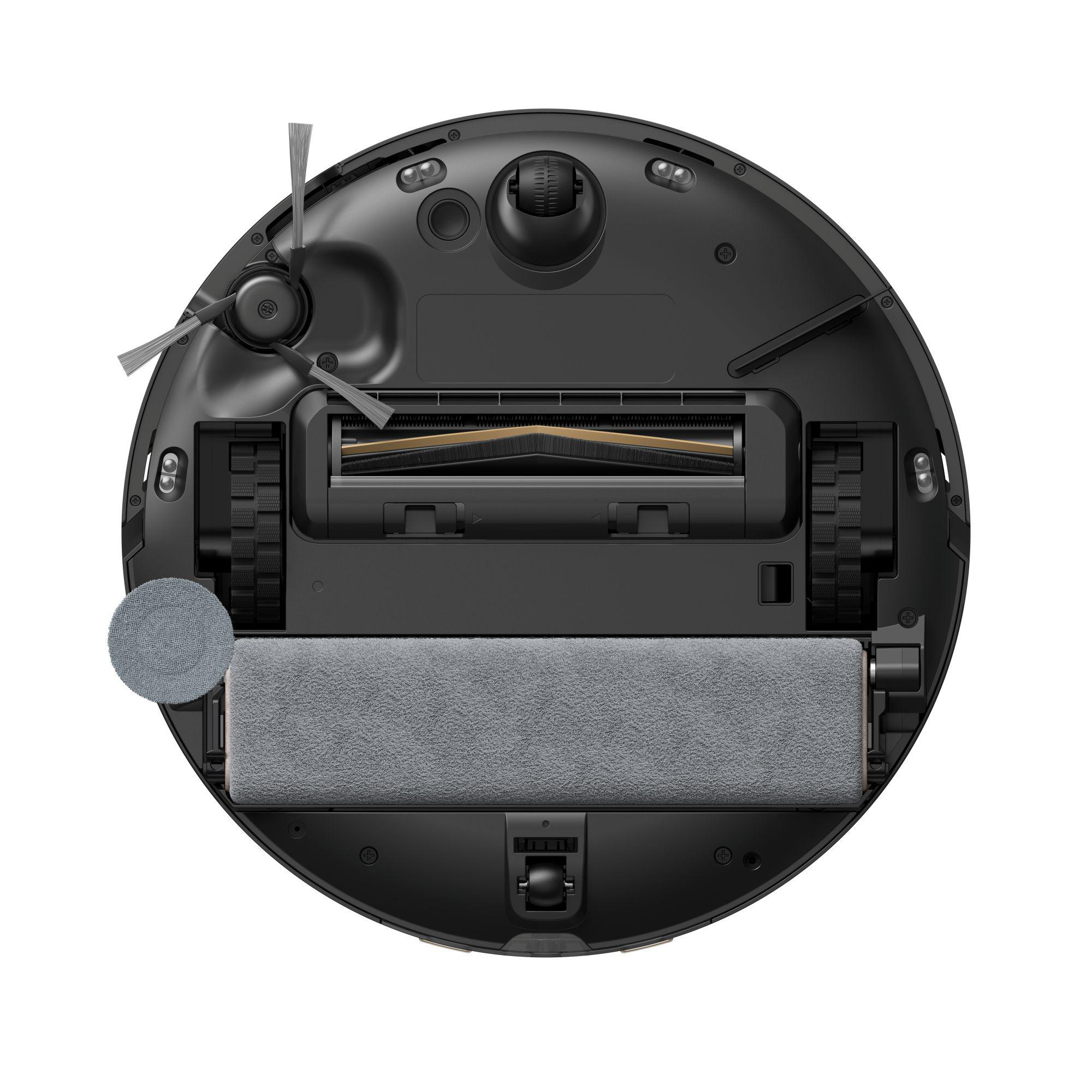 Ein Roboter-Staubsauger, Draufsicht, mit zwei Bürsten, einem Reinigungspad und anderen Details.