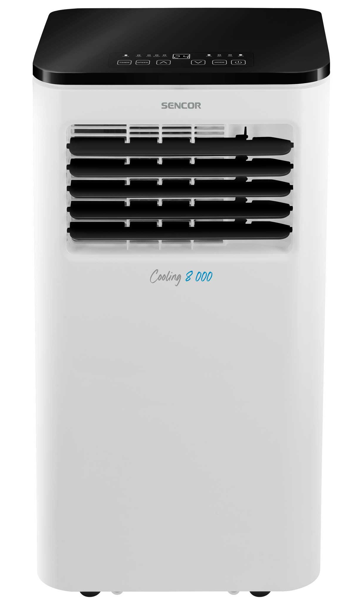 Biała chłodziarka powietrza z czarnym blatem i niebieskim tekstem "Cooling 8.000".