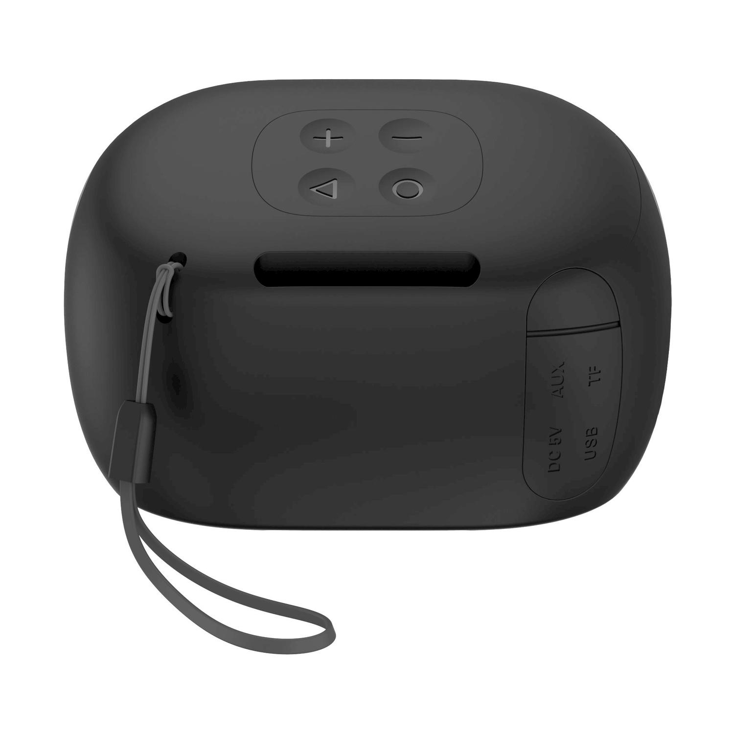 Altoparlante nero, arrotondato, con pulsanti e cinturino. Porte per USB, AUX e scheda TF.