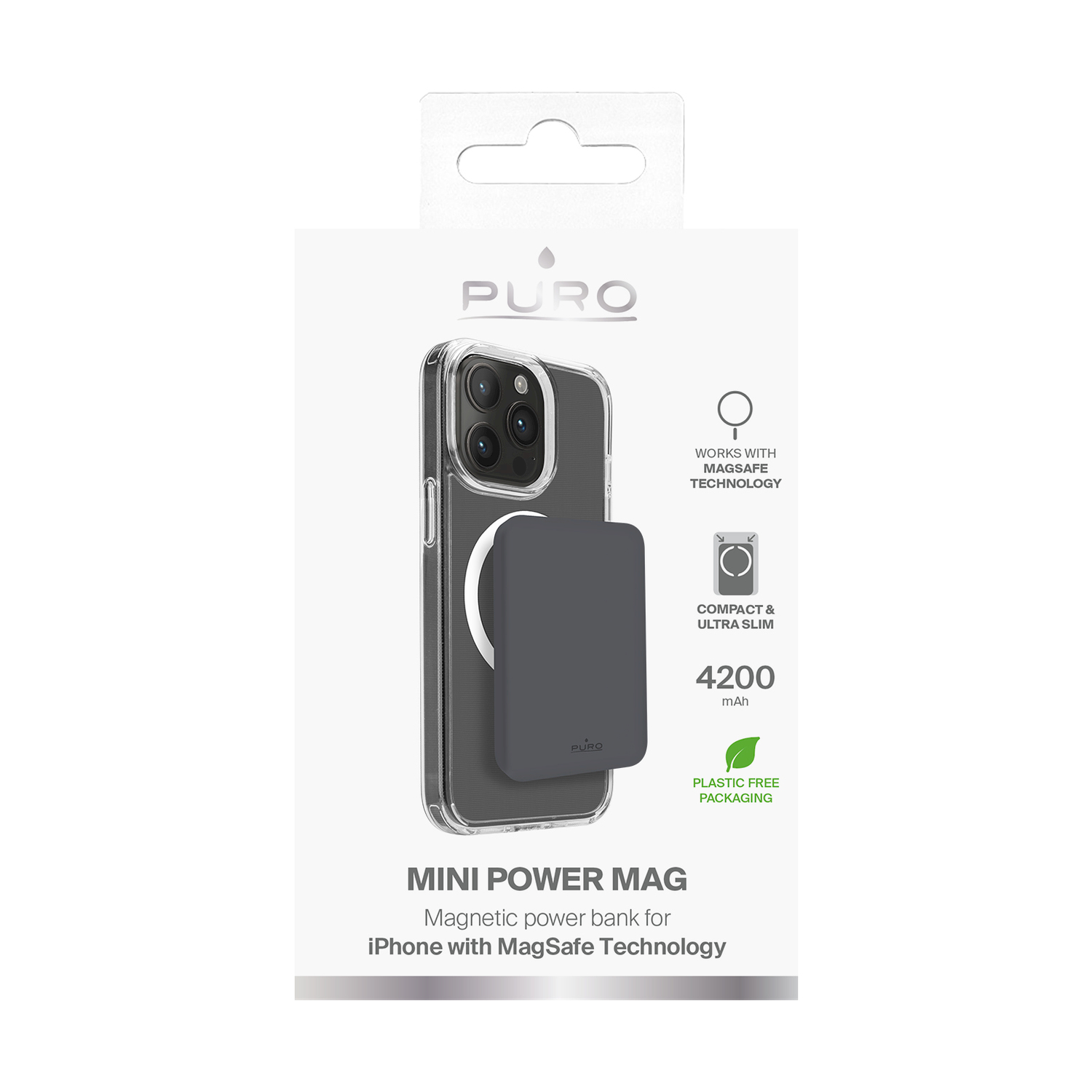 Power bank bianco con custodia attaccata, confezione davanti.
