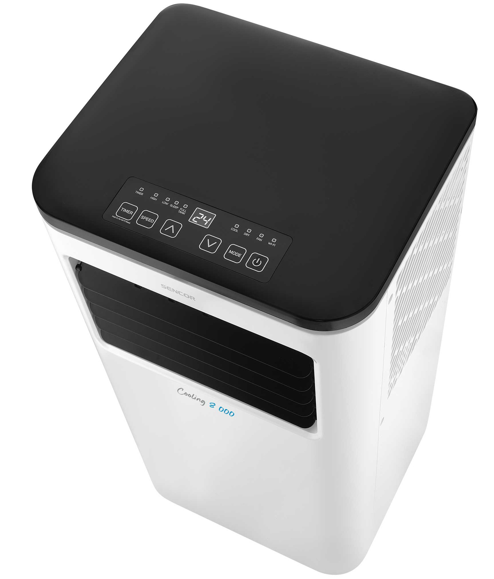 Biało-czarna chłodziarka powietrza z wyświetlaczem cyfrowym. Biały korpus, czarna góra z przyciskami.