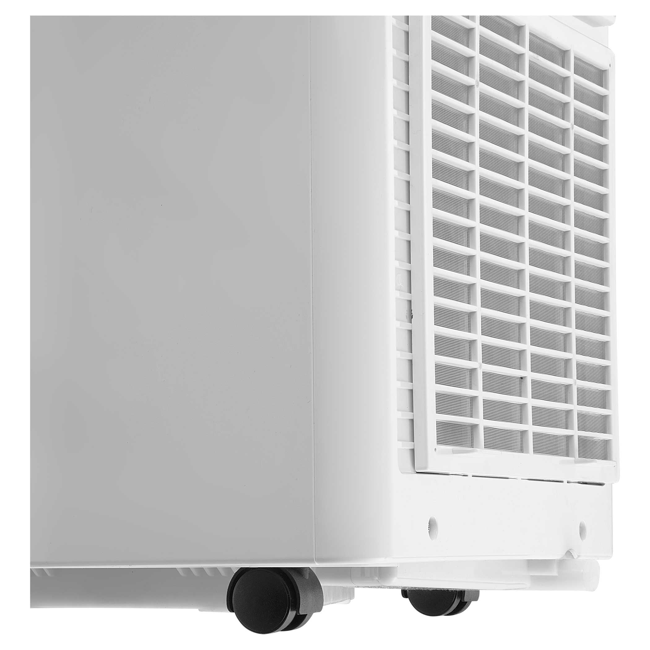 Biała chłodziarka powietrza z dwoma czarnymi kółkami i ekranem.