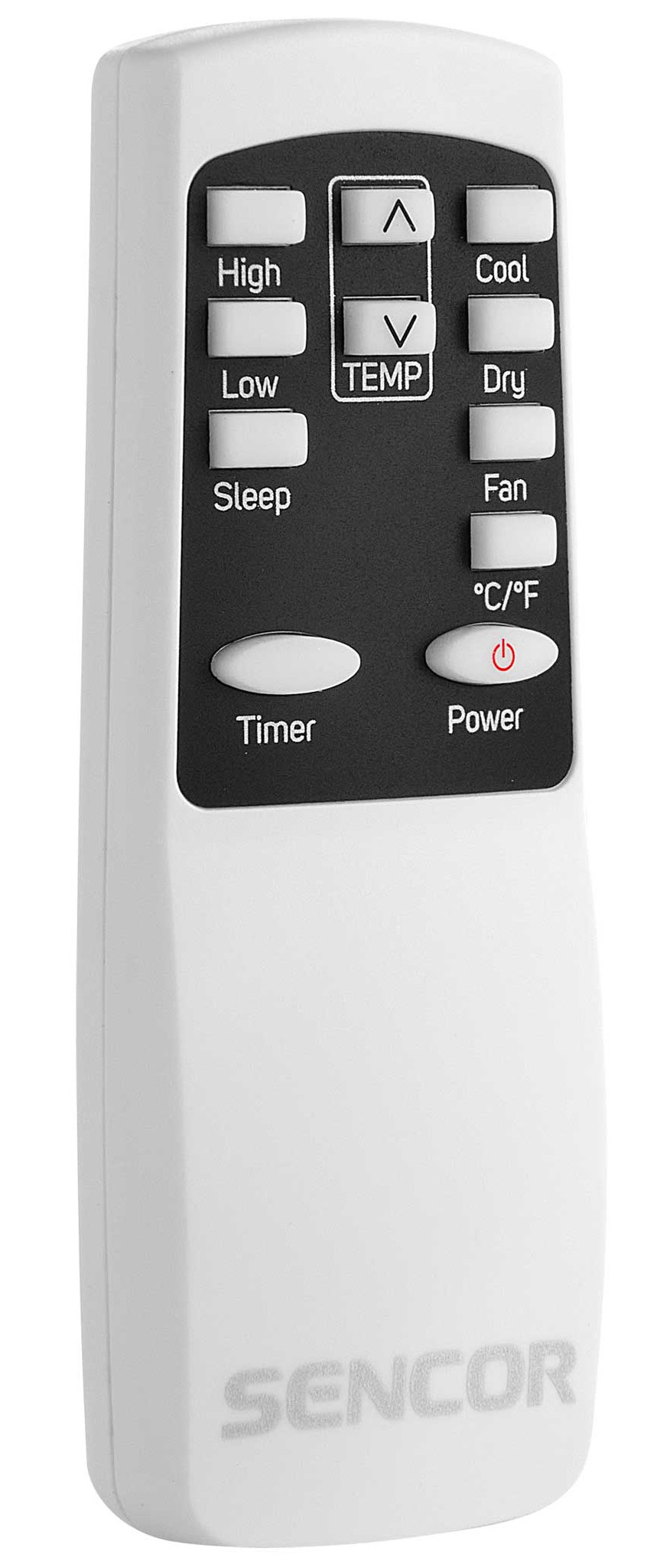 Biały pilot z kilkoma przyciskami i logo SENCOR na dole.
