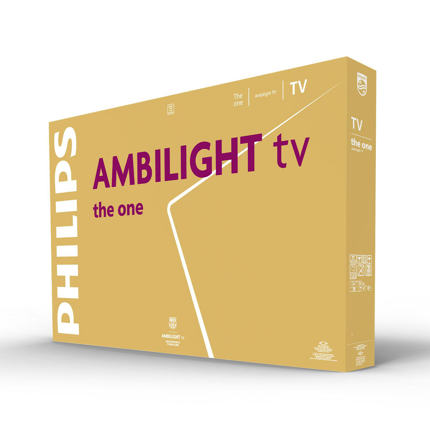 Braune Philips Ambilight TV-Box mit Text: Ambilight tv the one.