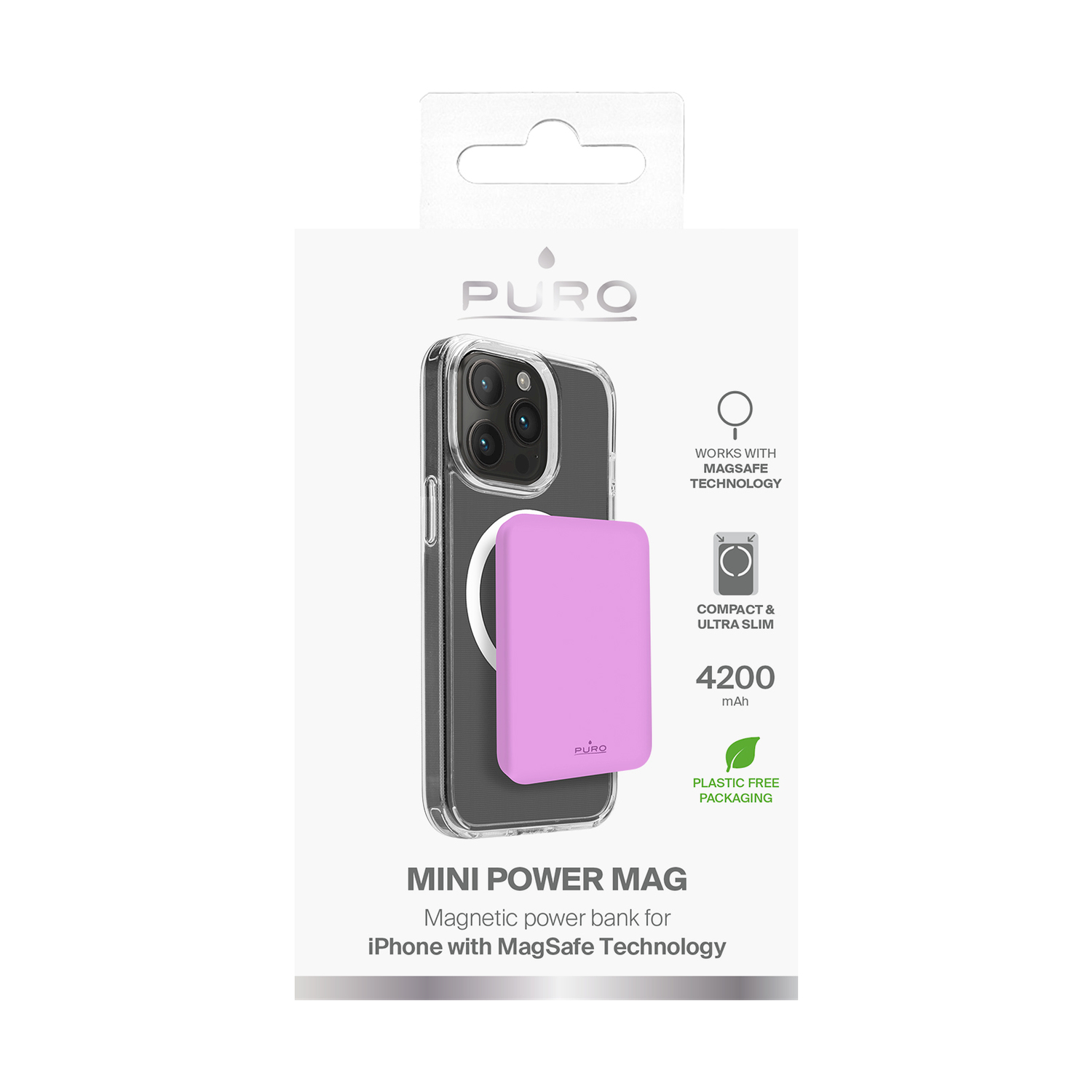Una custodia trasparente con un power bank magnetico rosa attaccato. Imballaggio bianco.