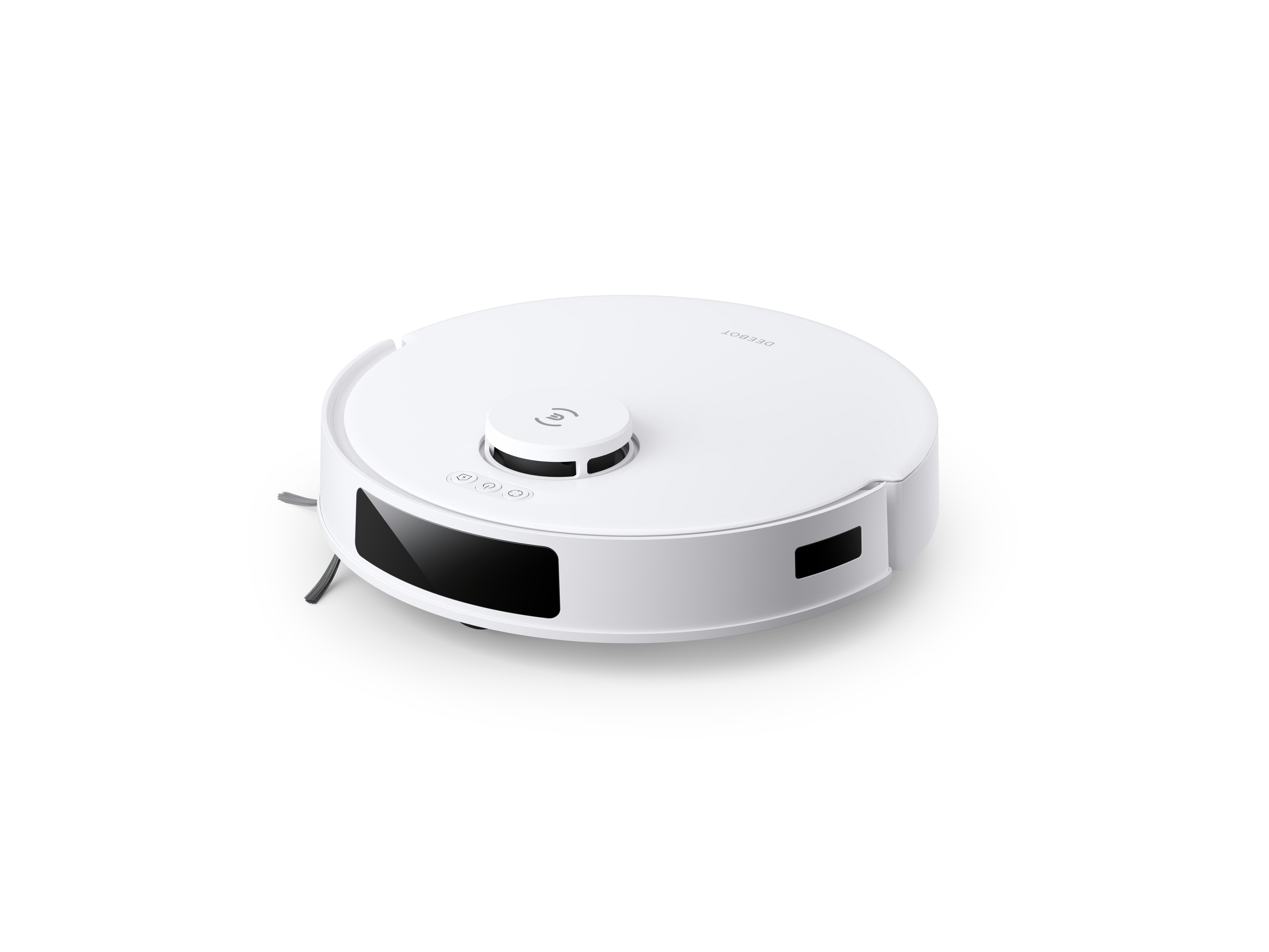 Weißer, runder Roboter-Staubsauger mit schwarzer Front und kleinen grauen Bürsten auf weißer Fläche.