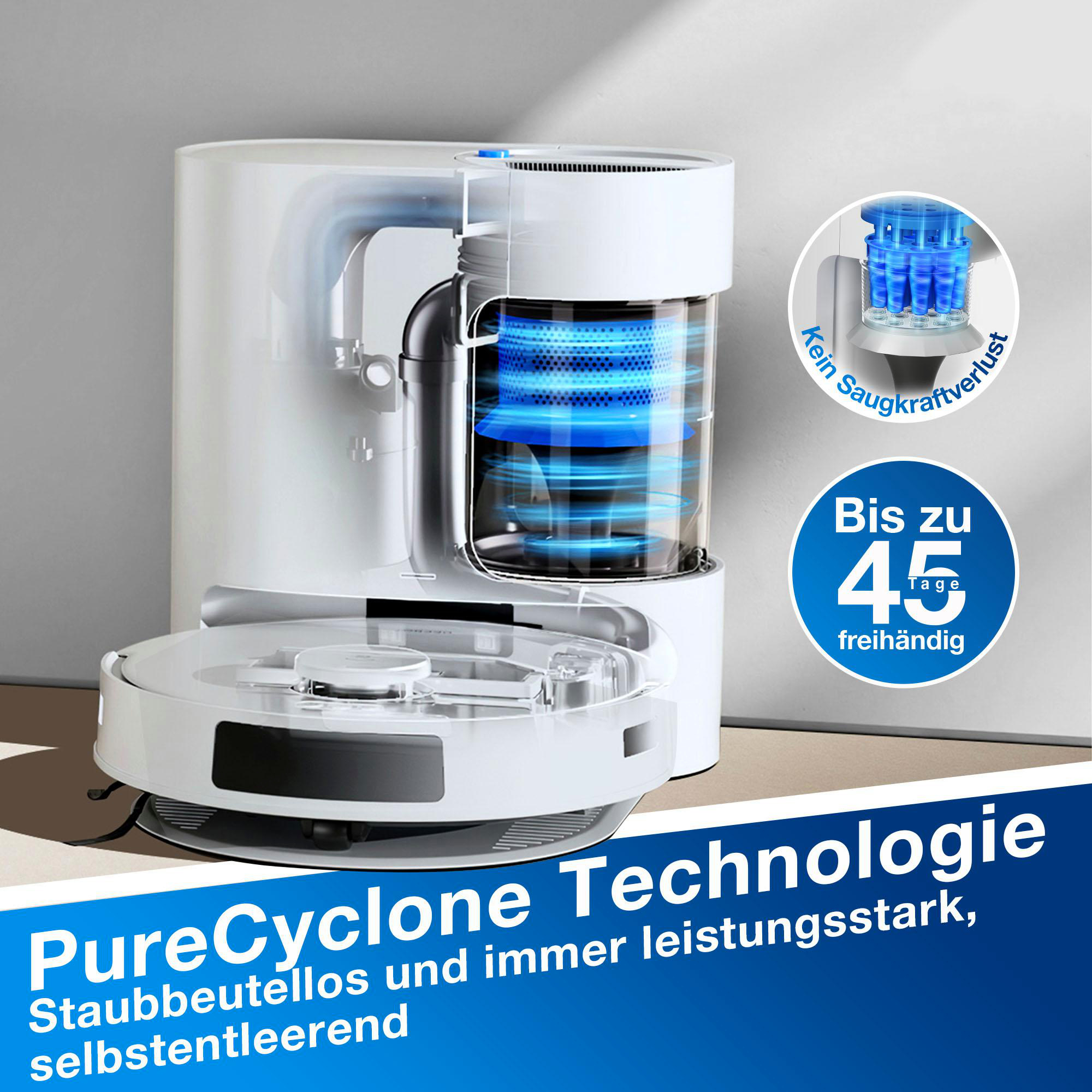 Weißer Roboter-Staubsauger mit blauem Wassertank. Text: PureCyclone Technologie.