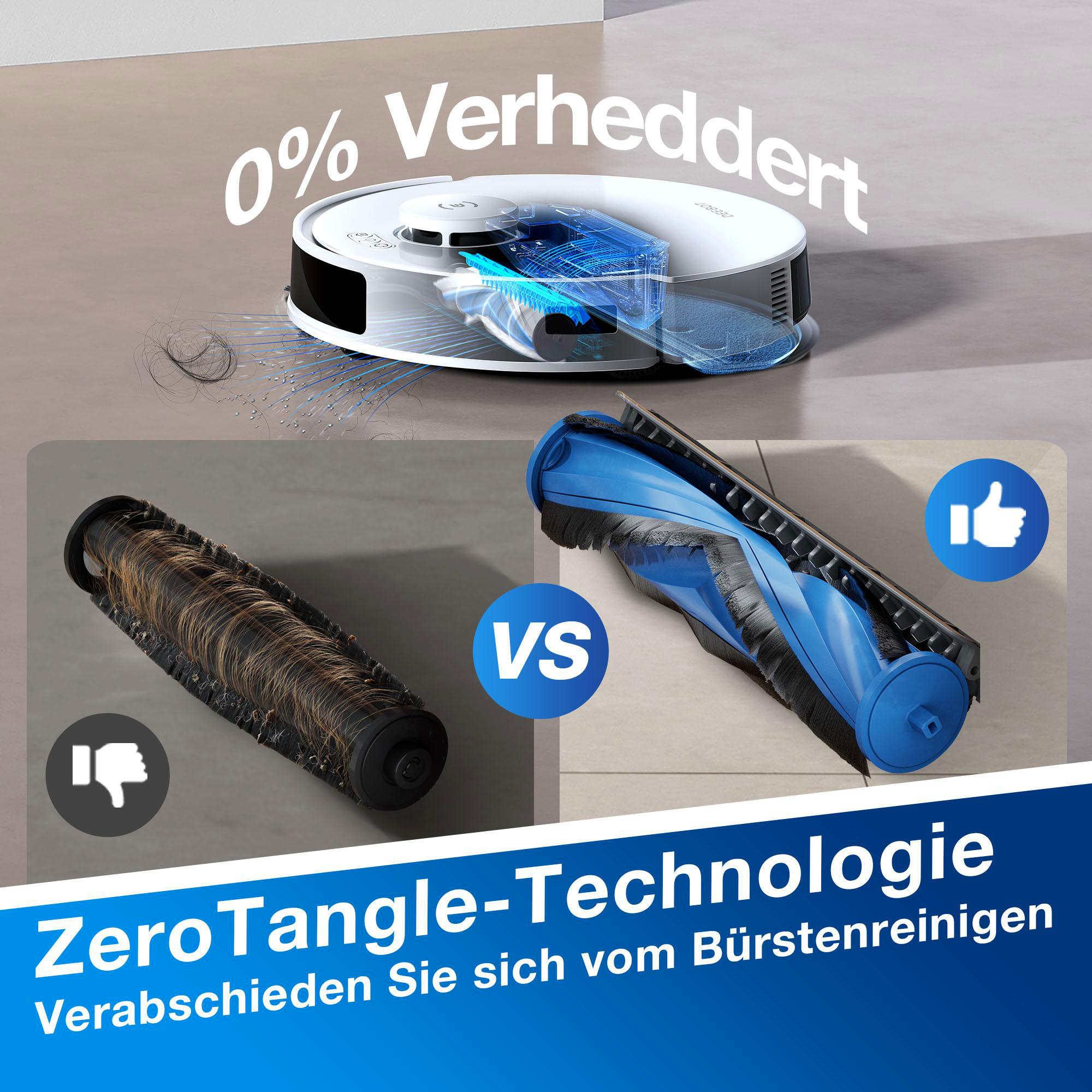 Roboter-Staubsauger mit Vergleich alter und neuer Bürsten, zeigt entwirrungsfreie Technologie.